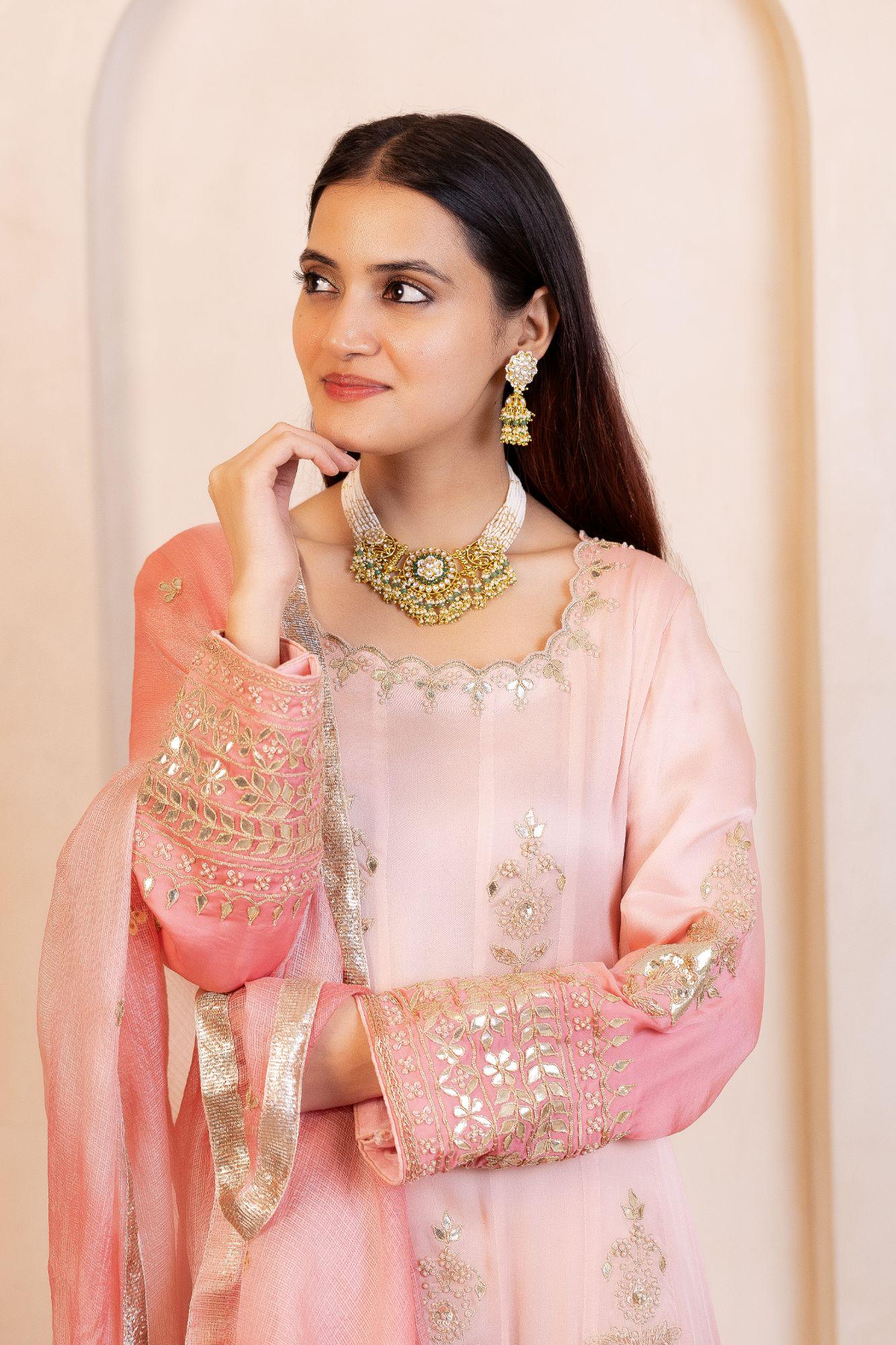 Traditional Kundan Necklace Set with Jhumkas | Multi-Strand Pearl Choker, Emeralds