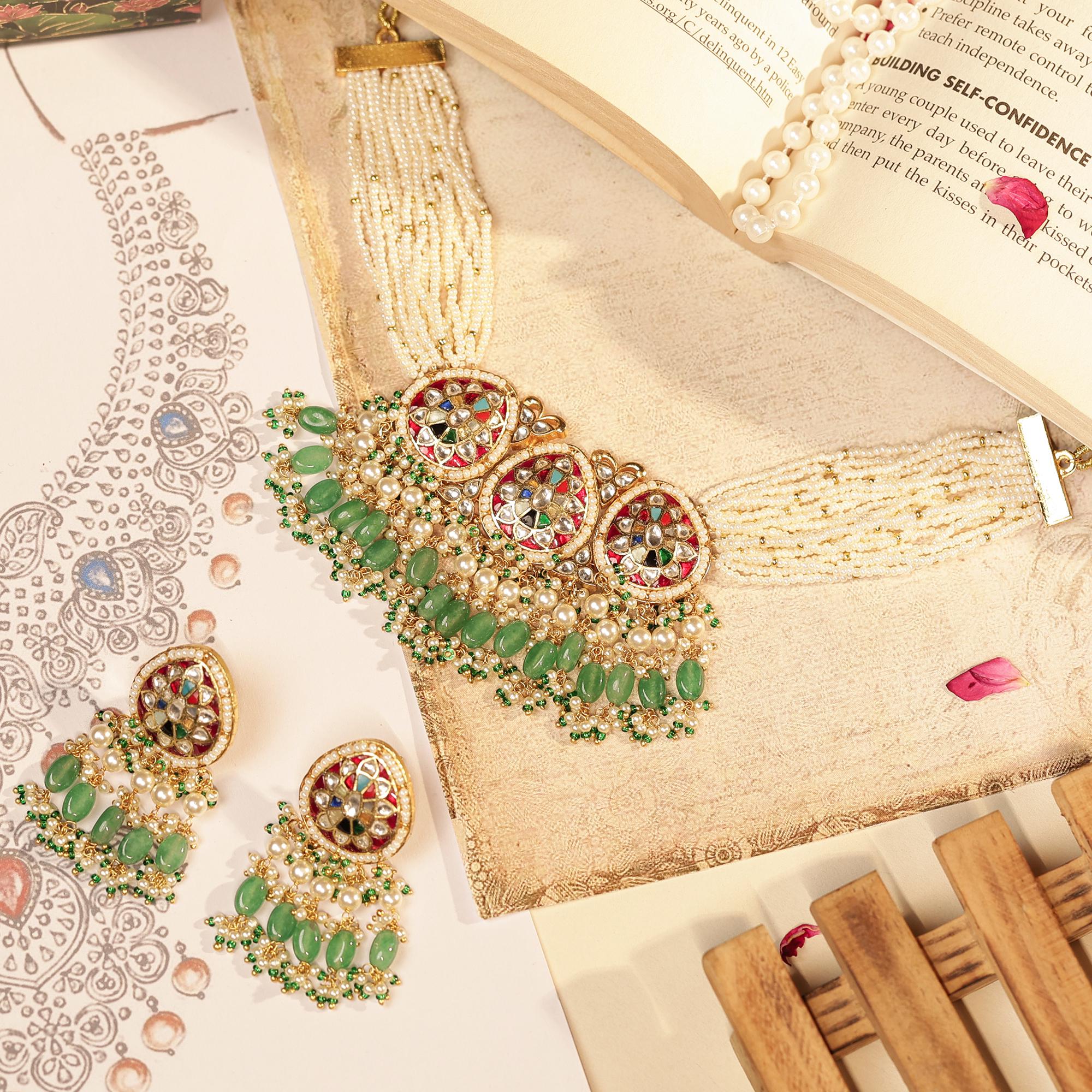 Navratna Kundan Choker Set | Multi Color Stone Pearl Indian Bridal Jewelry