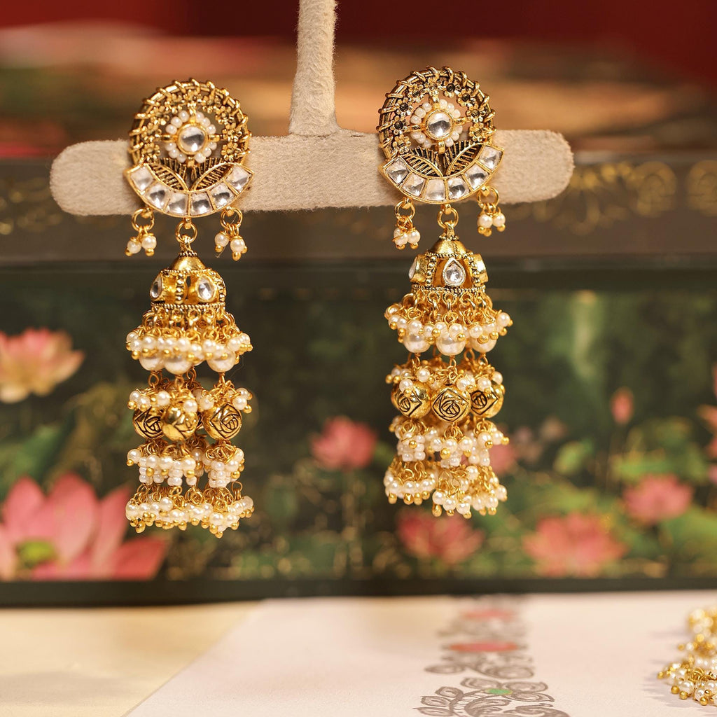 Heavy Kundan Choker Set | Pearl Bridal Necklace, Jhumkas, Antique Gold Finish