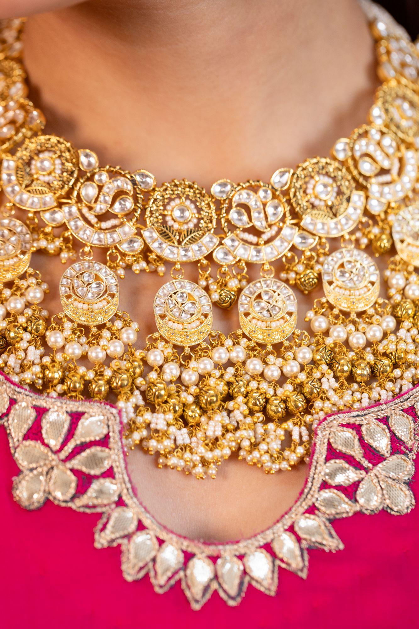 Heavy Kundan Choker Set | Pearl Bridal Necklace, Jhumkas, Antique Gold Finish