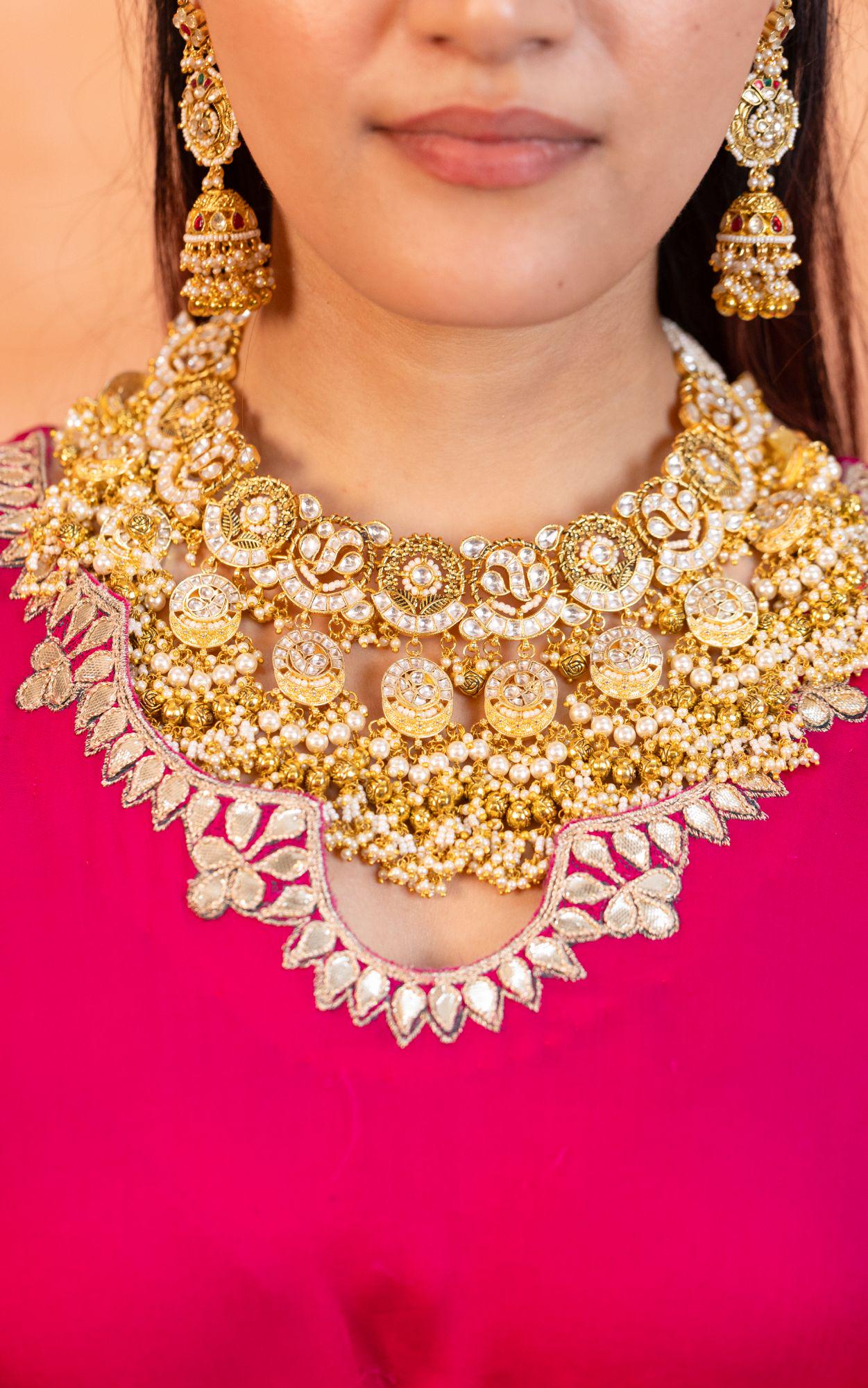 Heavy Kundan Choker Set | Pearl Bridal Necklace, Jhumkas, Antique Gold Finish