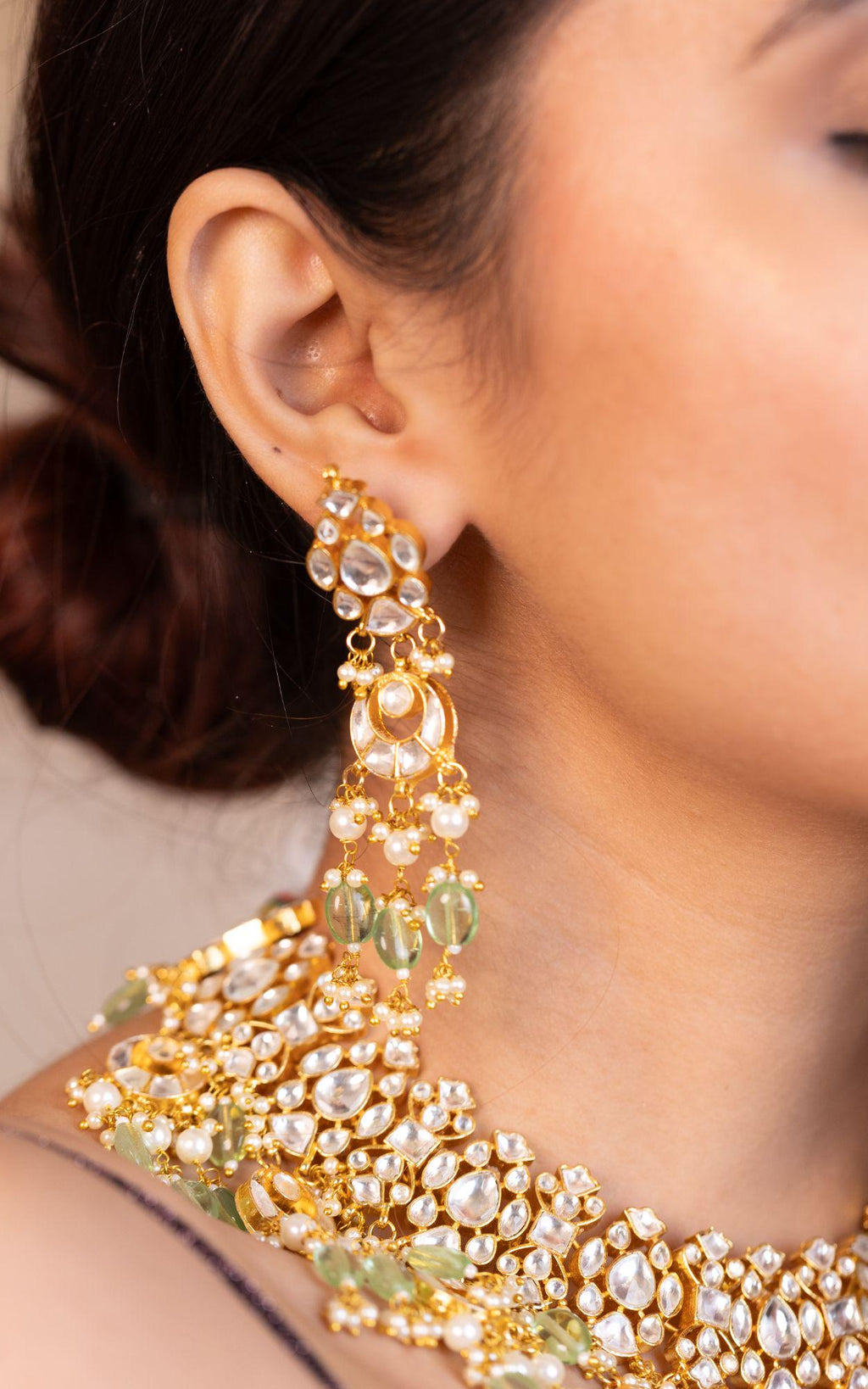 Mint Green Kundan Polki Choker Set | Chandbali Bridal Necklace, Earrings