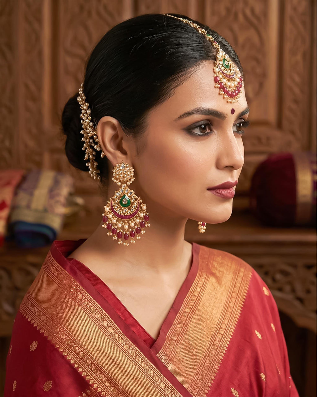 Kundan Chandbali Earrings & Maang Tikka Set | Ruby Emerald Bridal Jewelry