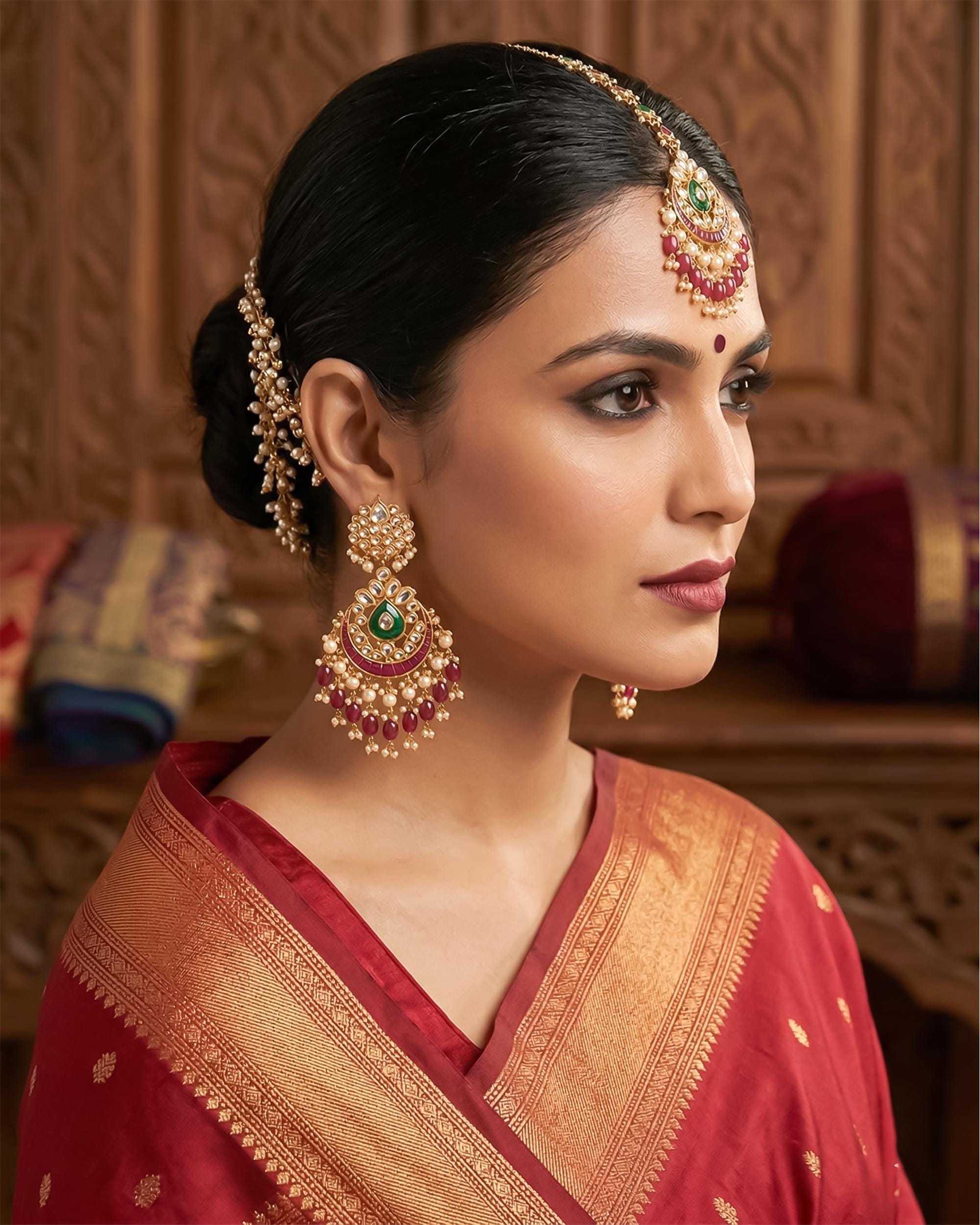 Kundan Chandbali Earrings & Maang Tikka Set | Ruby Emerald Bridal Jewelry