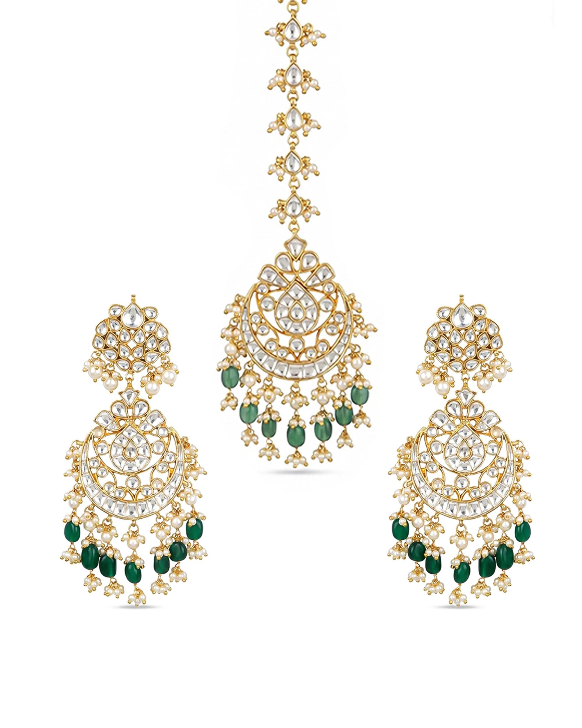 Kundan Chandbali Earrings with Forehead Tikka | Emerald Green Pearl Festive Jewelry Set