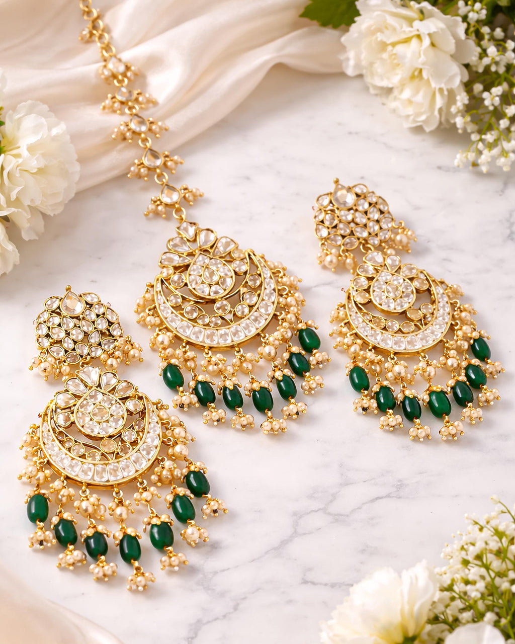 Kundan Chandbali Earrings with Forehead Tikka | Emerald Green Pearl Festive Jewelry Set