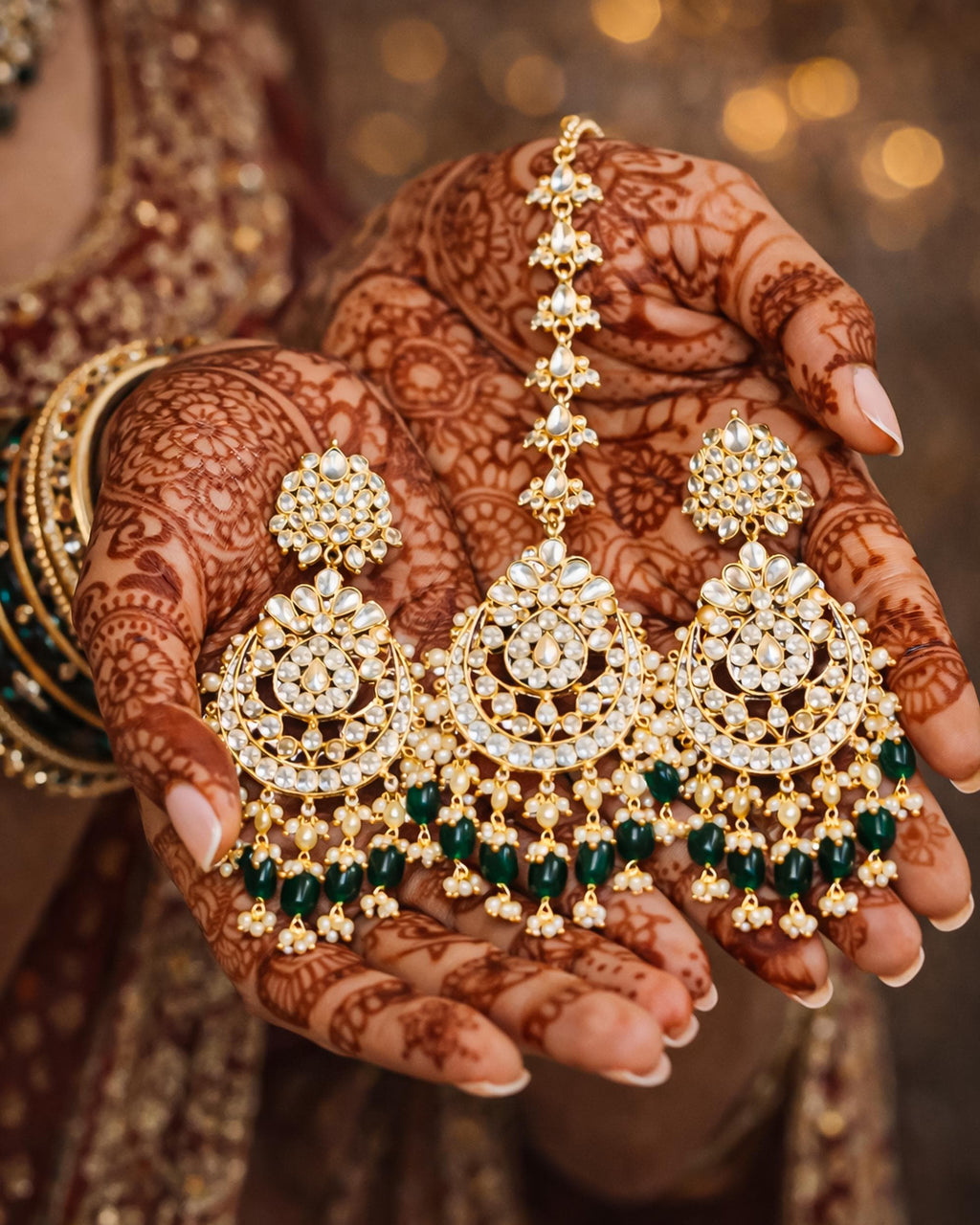 Kundan Chandbali Earrings with Forehead Tikka | Emerald Green Pearl Festive Jewelry Set