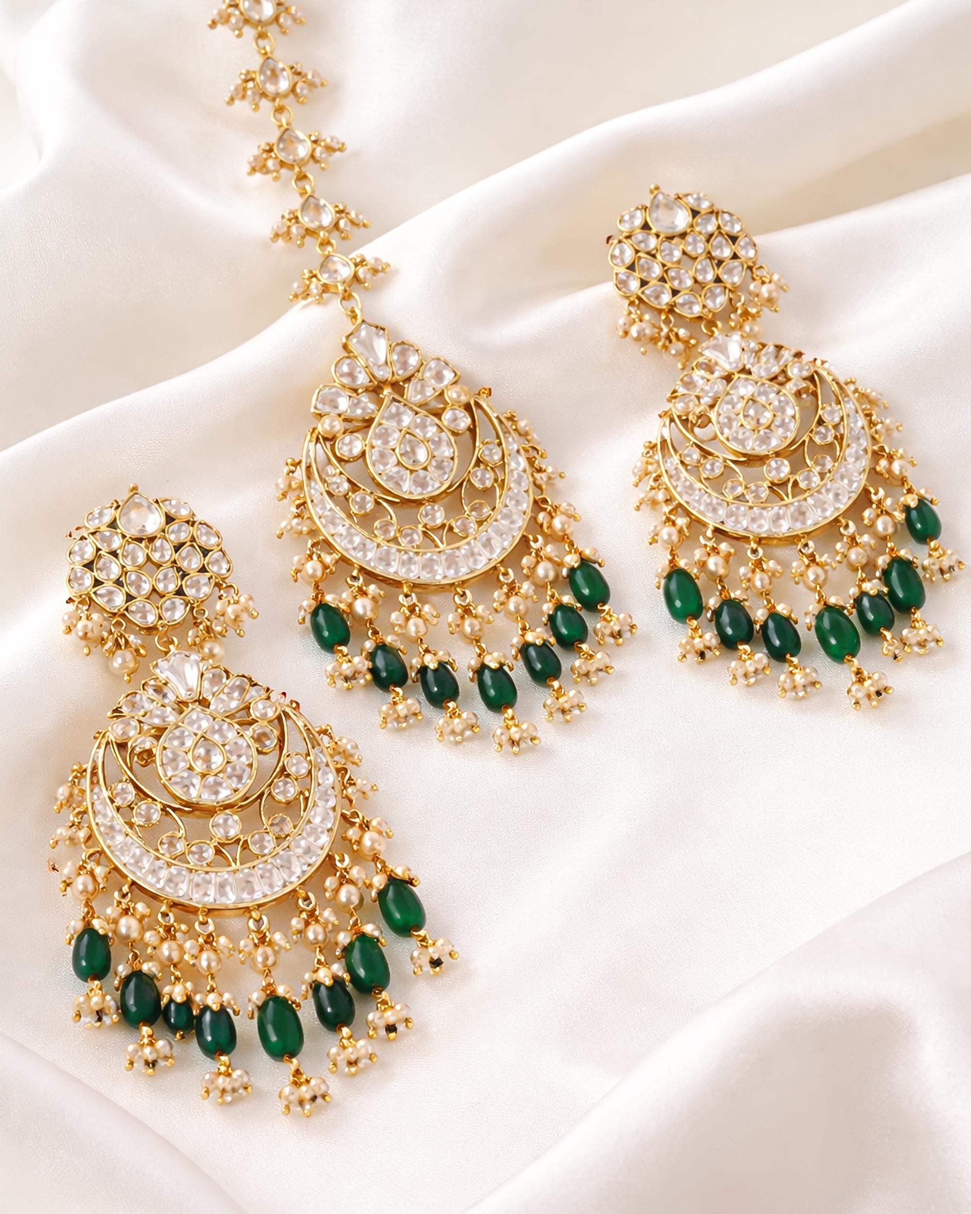 Kundan Chandbali Earrings with Forehead Tikka | Emerald Green Pearl Festive Jewelry Set