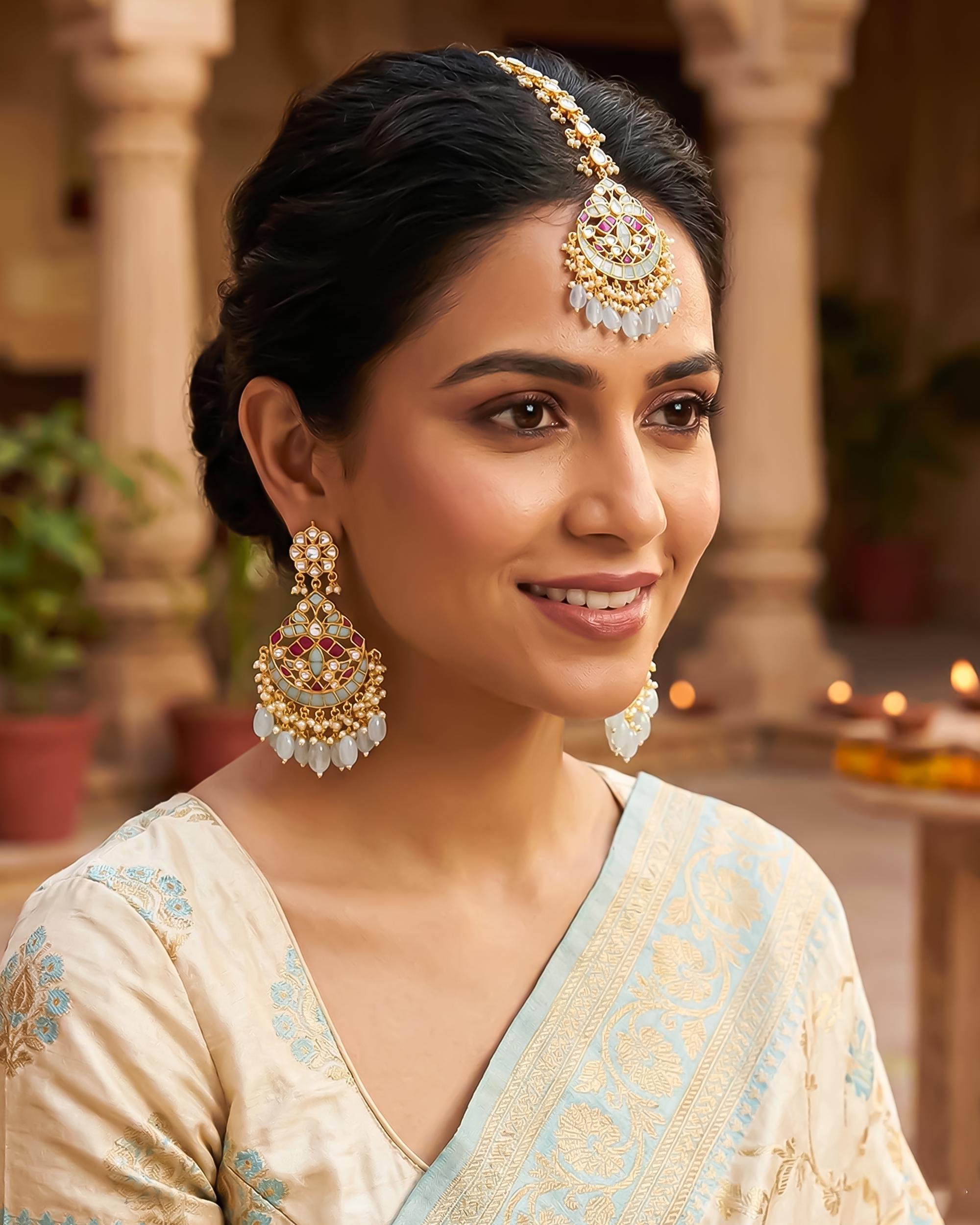 Handcrafted Meenakari Chandbalis with Forehead Tikka | Powder Blue Pearl Punjabi Jewelry Set