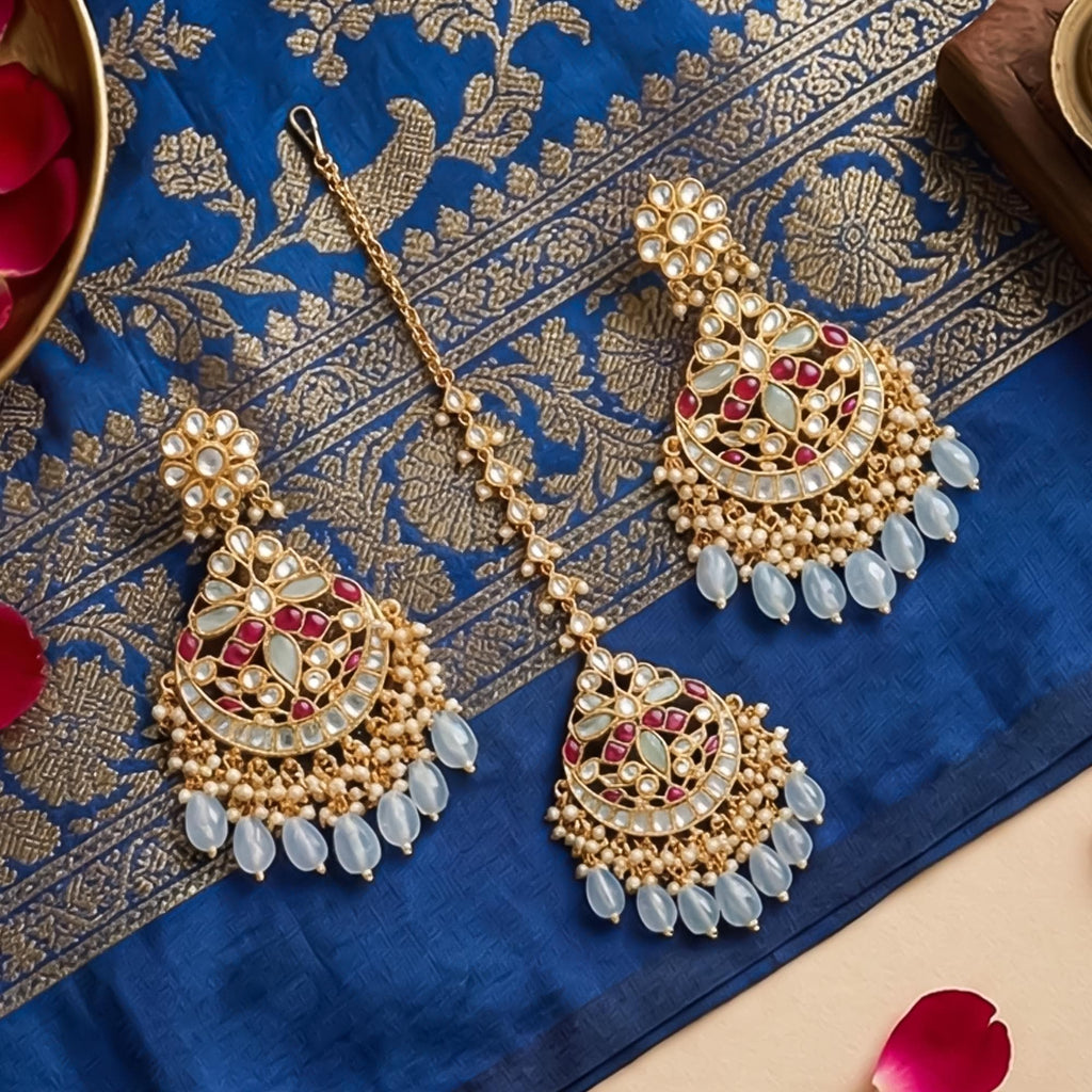 Handcrafted Meenakari Chandbalis with Forehead Tikka | Powder Blue Pearl Punjabi Jewelry Set