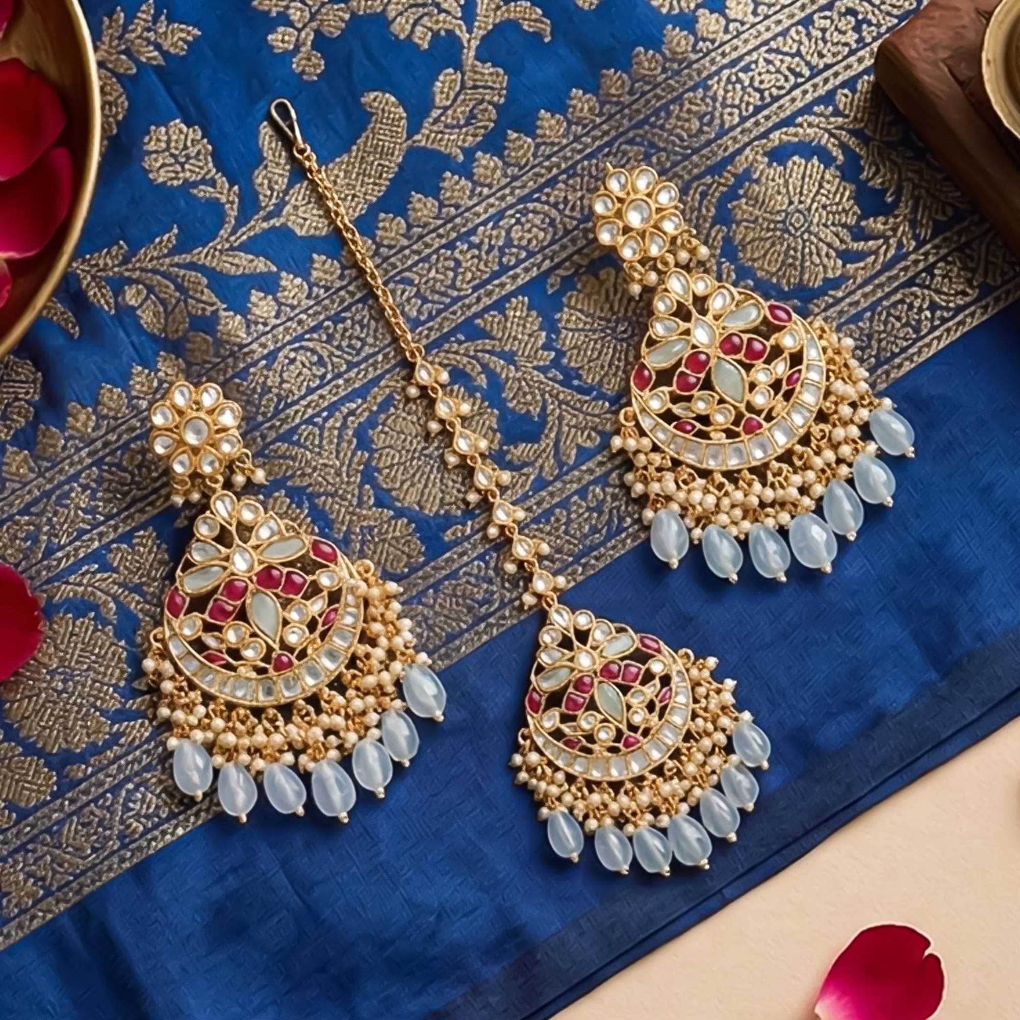 Handcrafted Meenakari Chandbalis with Forehead Tikka | Powder Blue Pearl Punjabi Jewelry Set