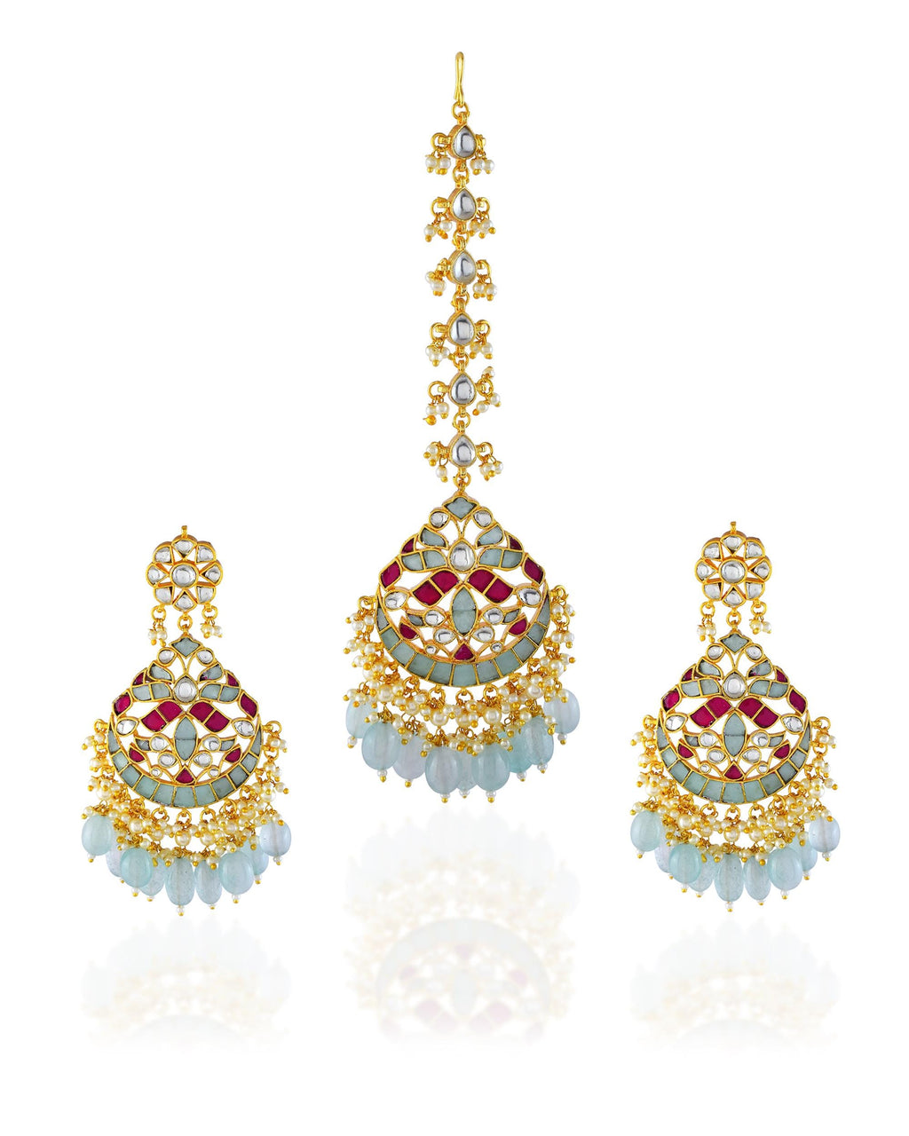 Handcrafted Meenakari Chandbalis with Forehead Tikka | Powder Blue Pearl Punjabi Jewelry Set