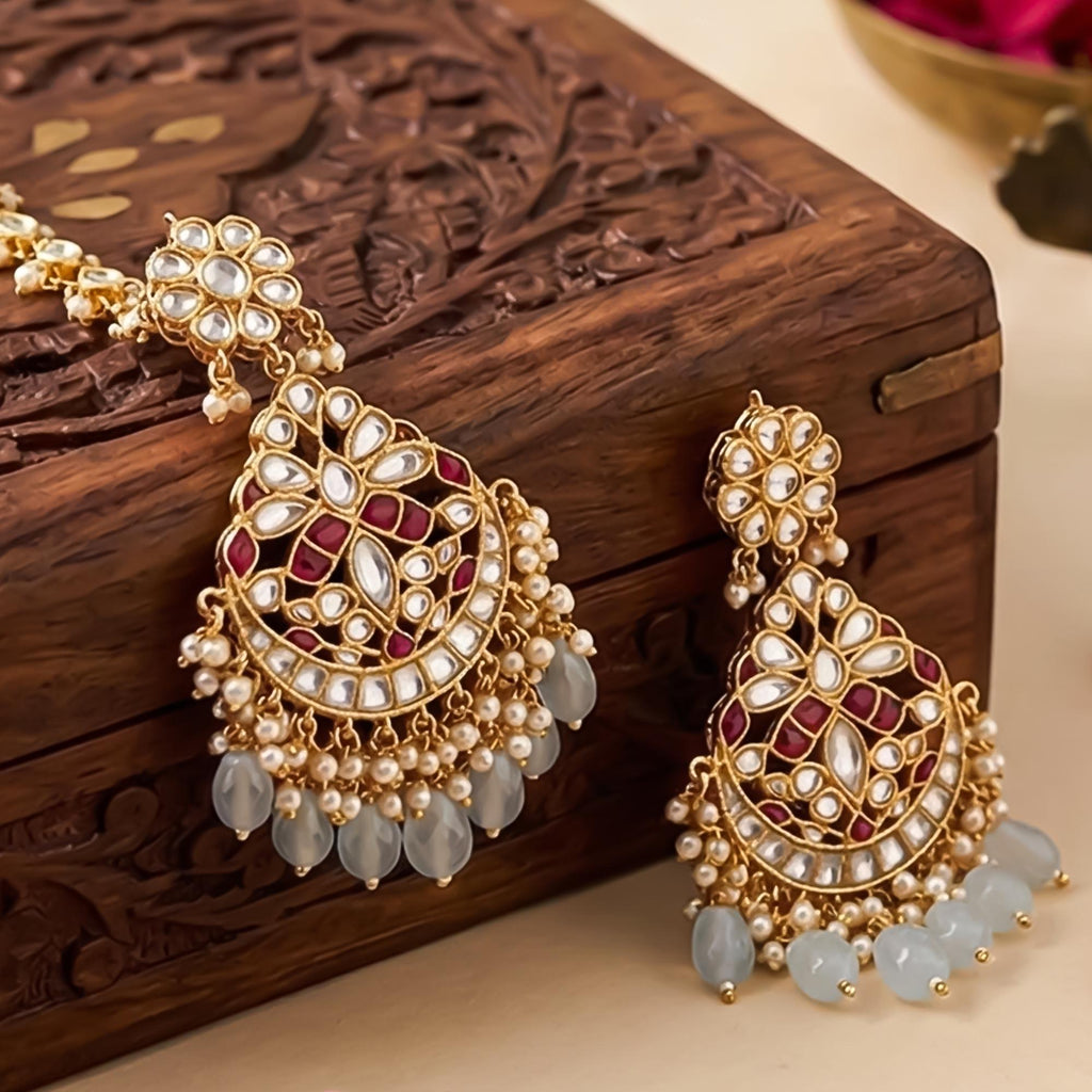 Handcrafted Meenakari Chandbalis with Forehead Tikka | Powder Blue Pearl Punjabi Jewelry Set