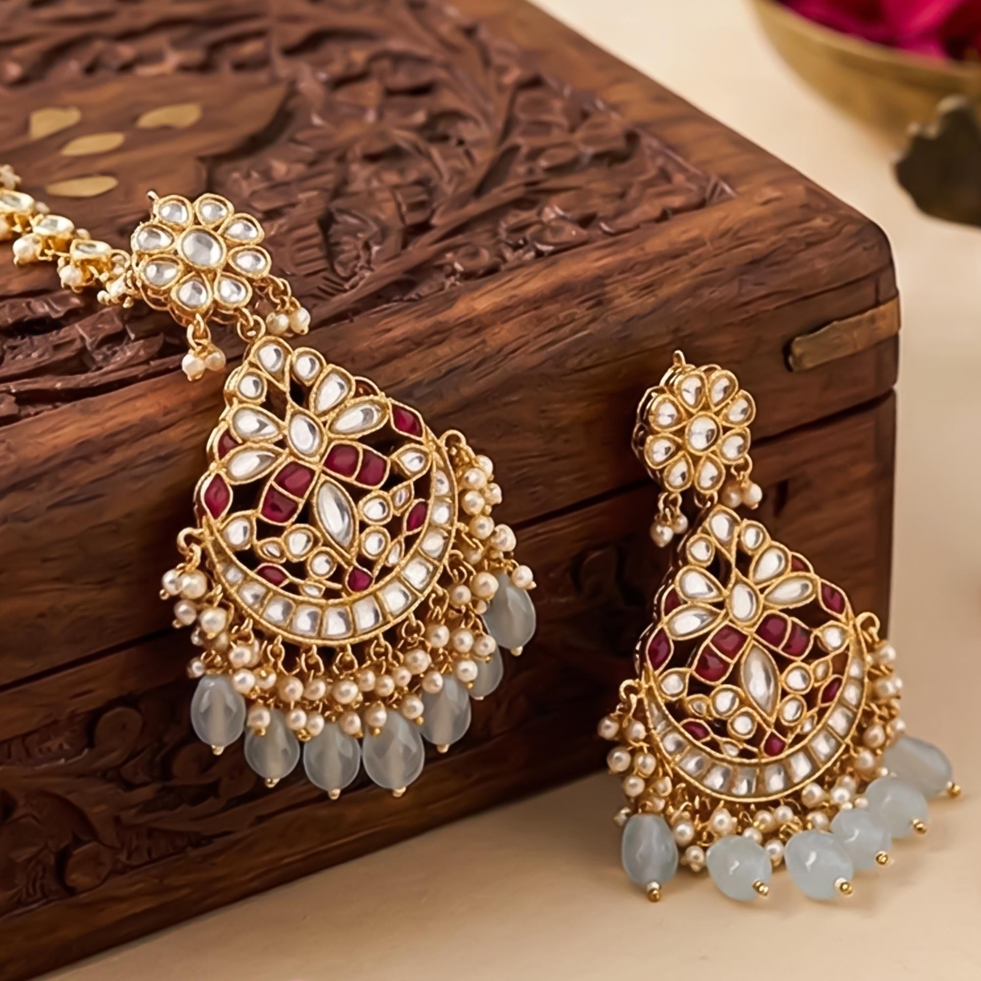 Handcrafted Meenakari Chandbalis with Forehead Tikka | Powder Blue Pearl Punjabi Jewelry Set