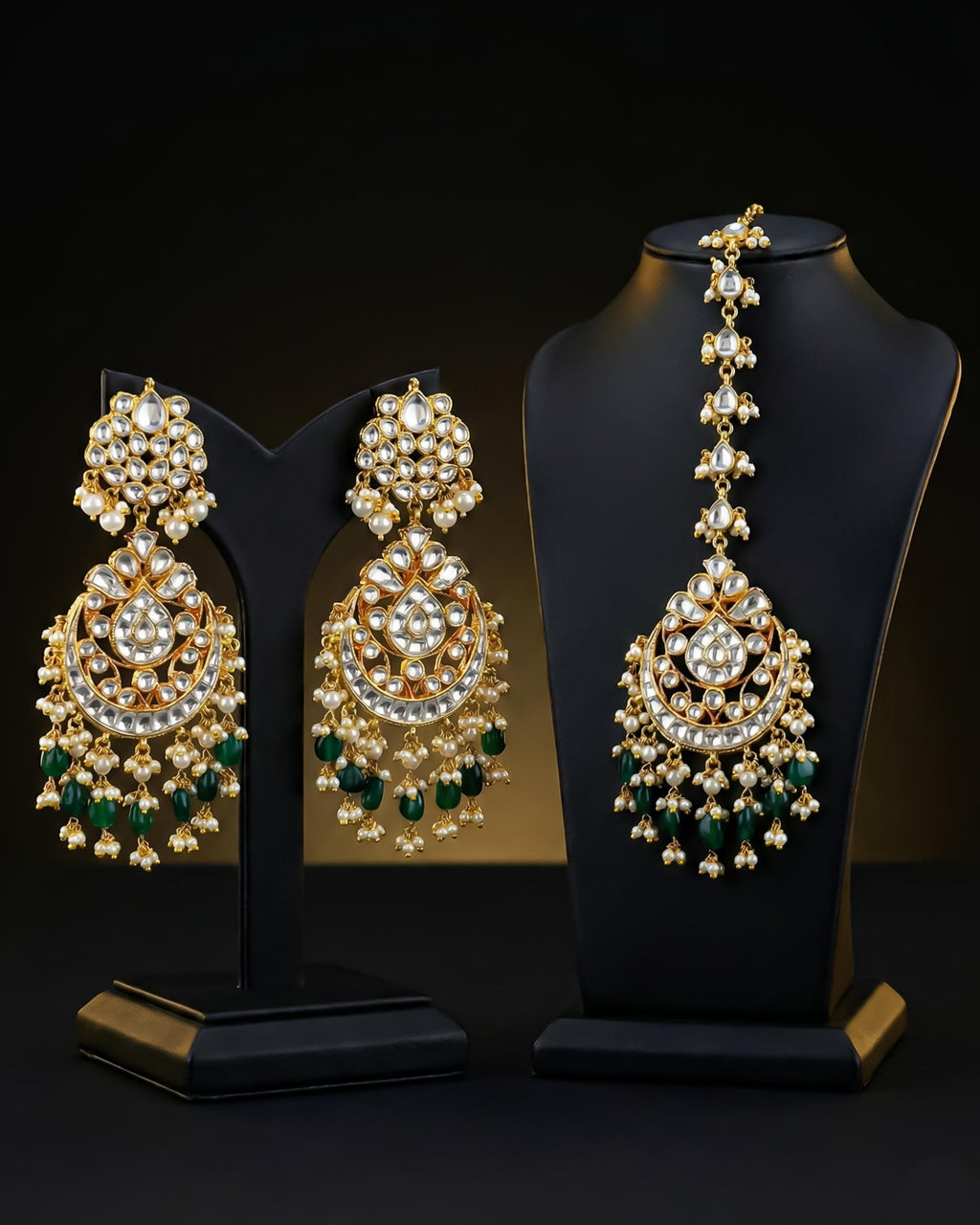 Handcrafted Kundan Chandbali Earrings with Forehead Tikka | Emerald Pearl Green Bead Jewelry
