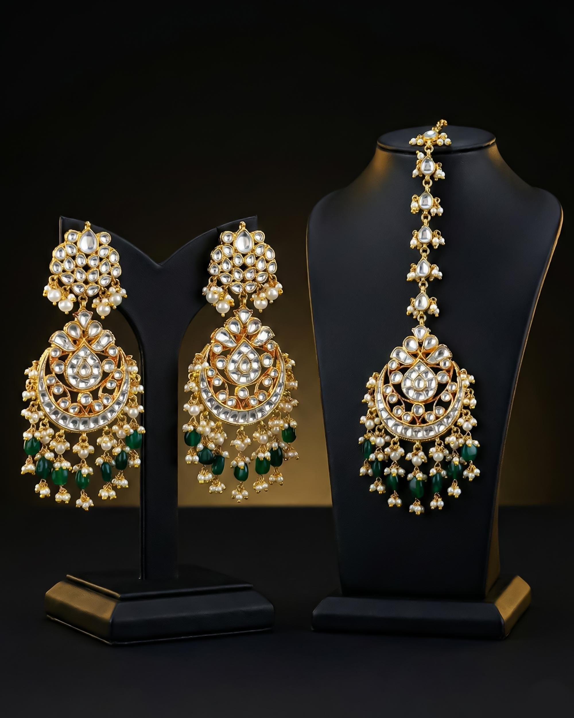Handcrafted Kundan Chandbali Earrings with Forehead Tikka | Emerald Pearl Green Bead Jewelry