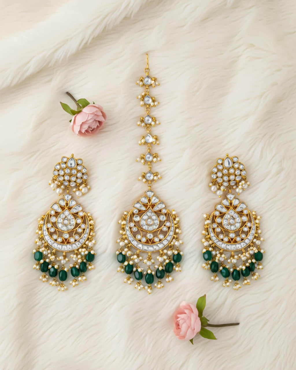 Handcrafted Kundan Chandbali Earrings with Forehead Tikka | Emerald Pearl Green Bead Jewelry