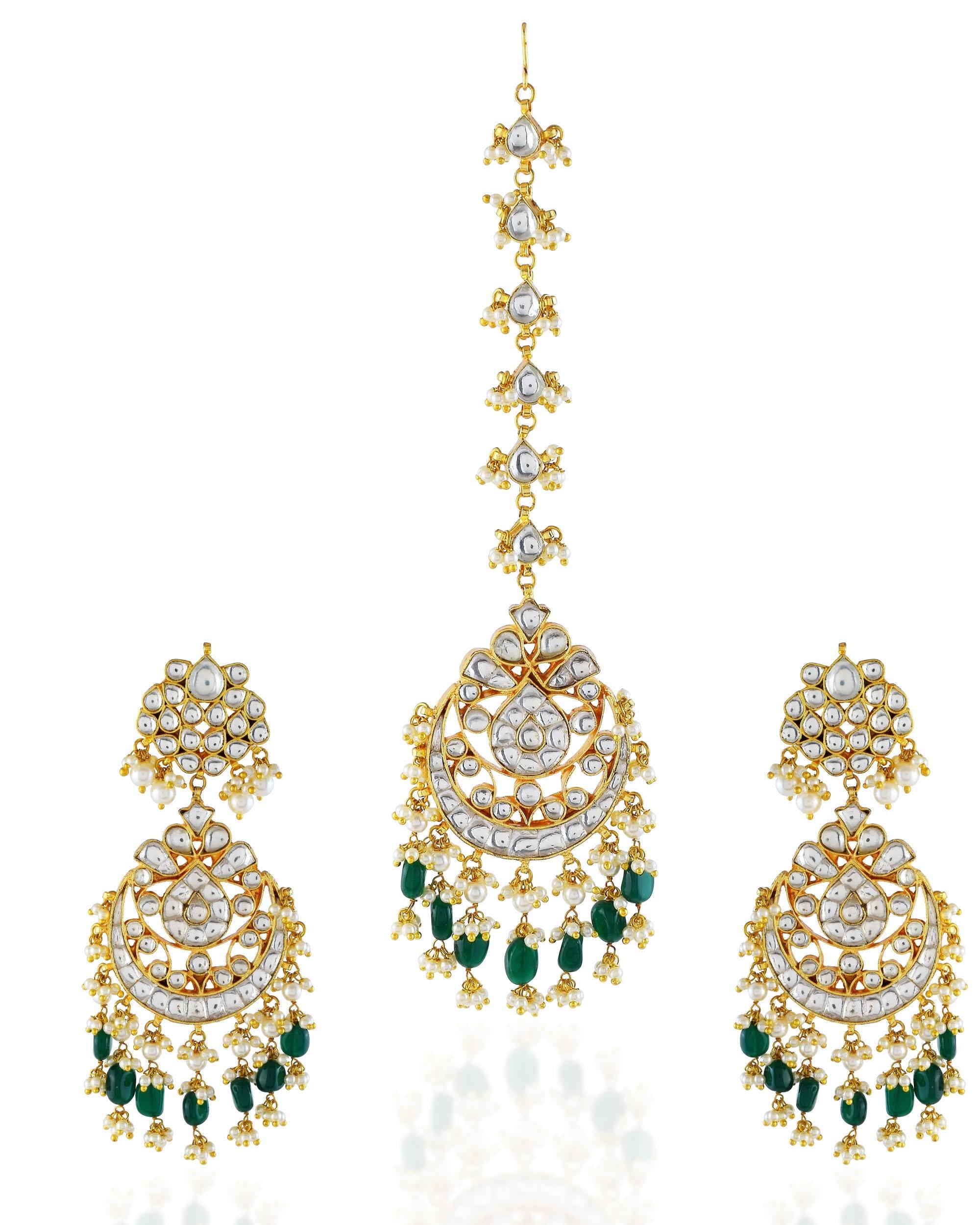 Handcrafted Kundan Chandbali Earrings with Forehead Tikka | Emerald Pearl Green Bead Jewelry