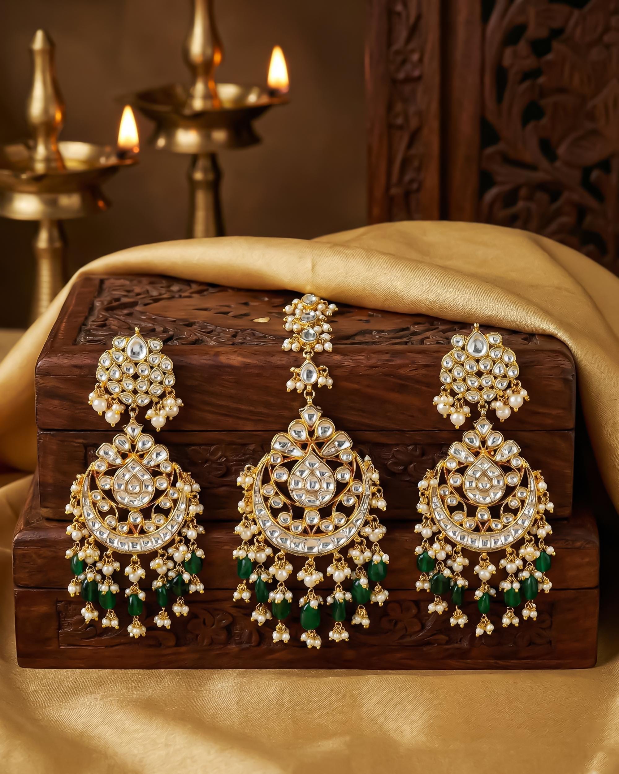 Handcrafted Kundan Chandbali Earrings with Forehead Tikka | Emerald Pearl Green Bead Jewelry