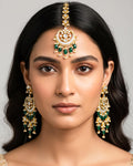 Kundan Chandbali Earrings with Maang Tikka | Emerald Pearl Gold Plated Set