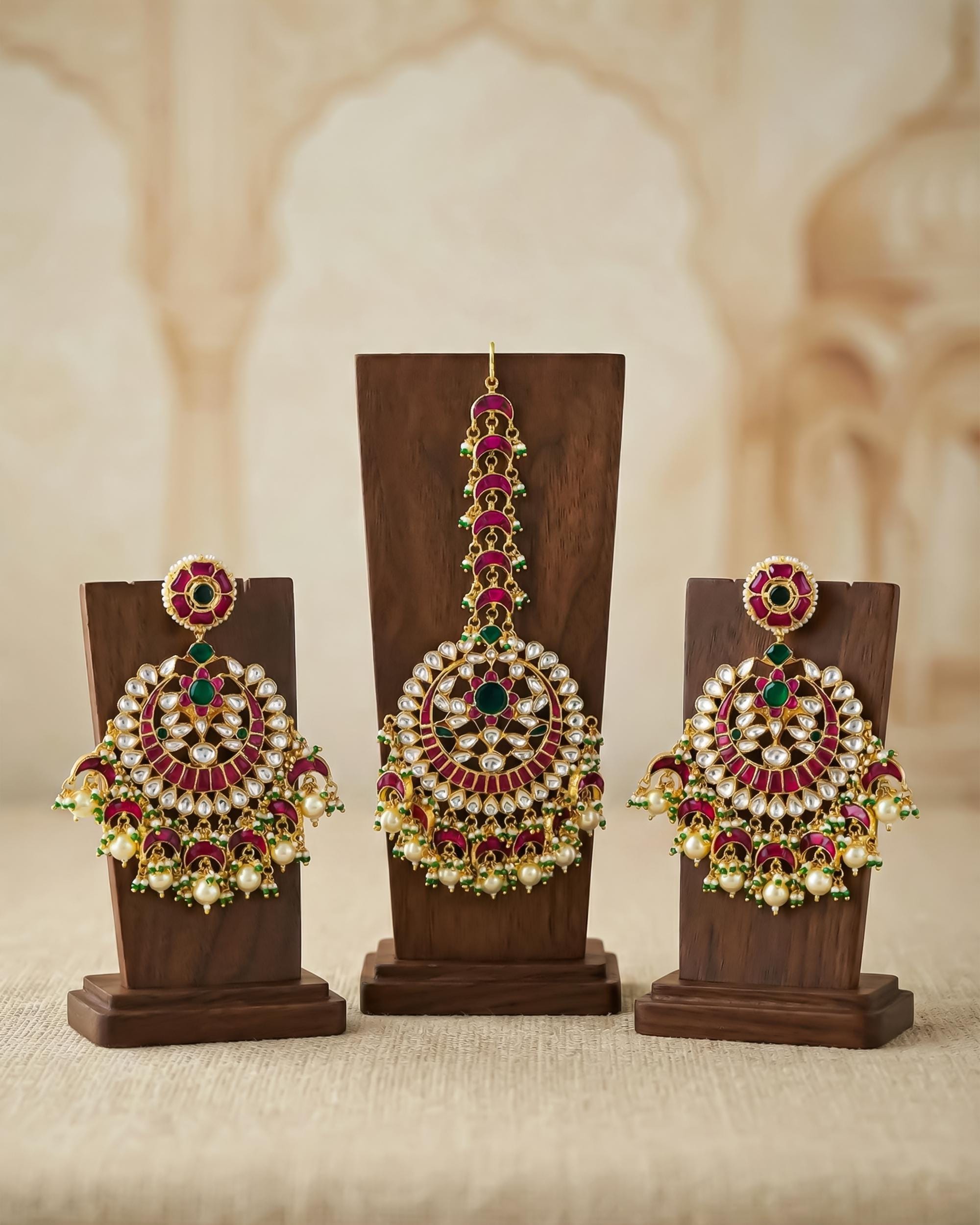 Grand Ruby Emerald Kundan Chandbali Earrings & Maang Tikka Set | Indian Bridal Jewelry