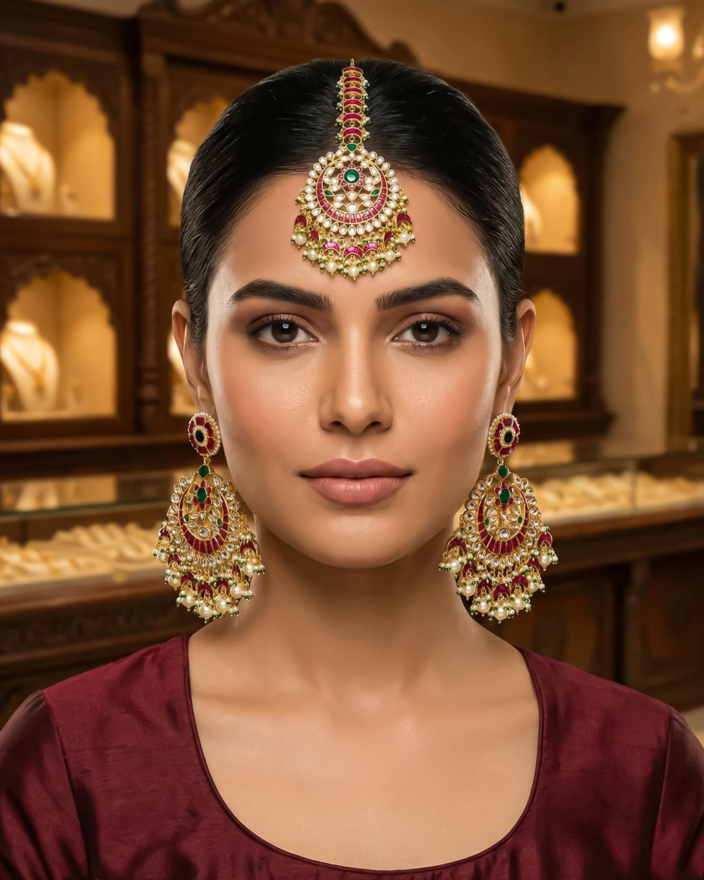 Grand Ruby Emerald Kundan Chandbali Earrings & Maang Tikka Set | Indian Bridal Jewelry