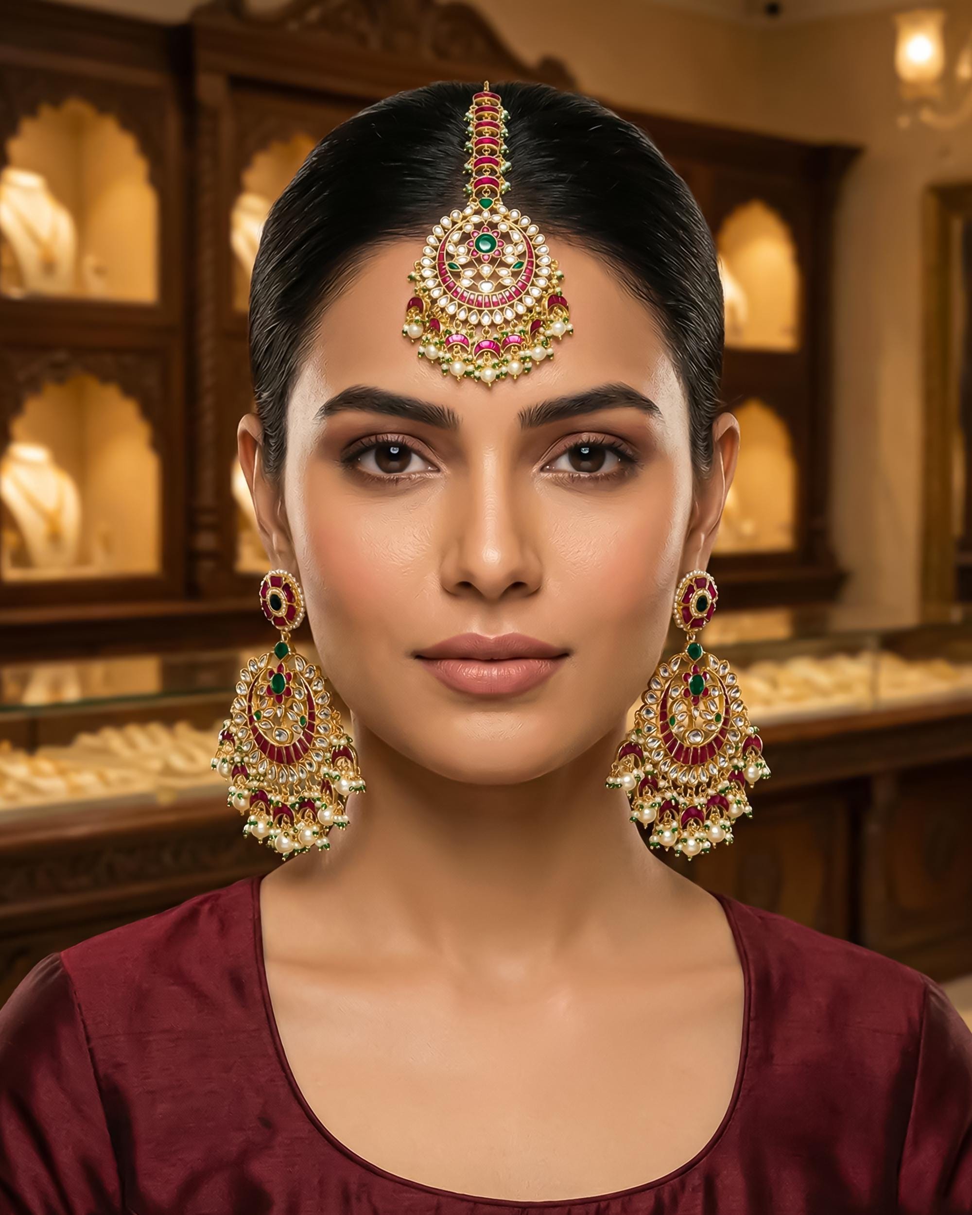 Grand Ruby Emerald Kundan Chandbali Earrings & Maang Tikka Set | Indian Bridal Jewelry