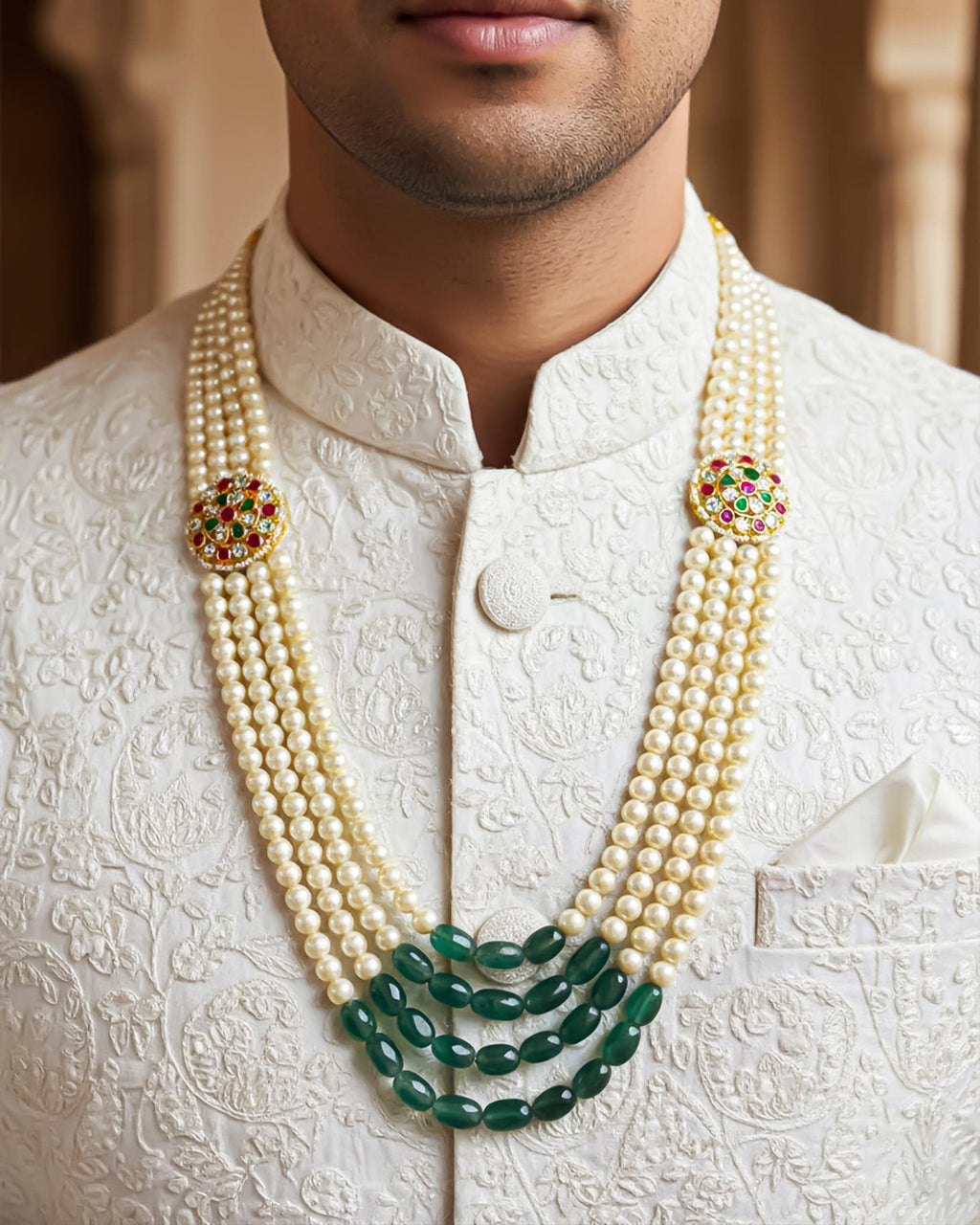 Men's Emerald Ruby Pearl Choker | Royal Jaipur Groom Necklace