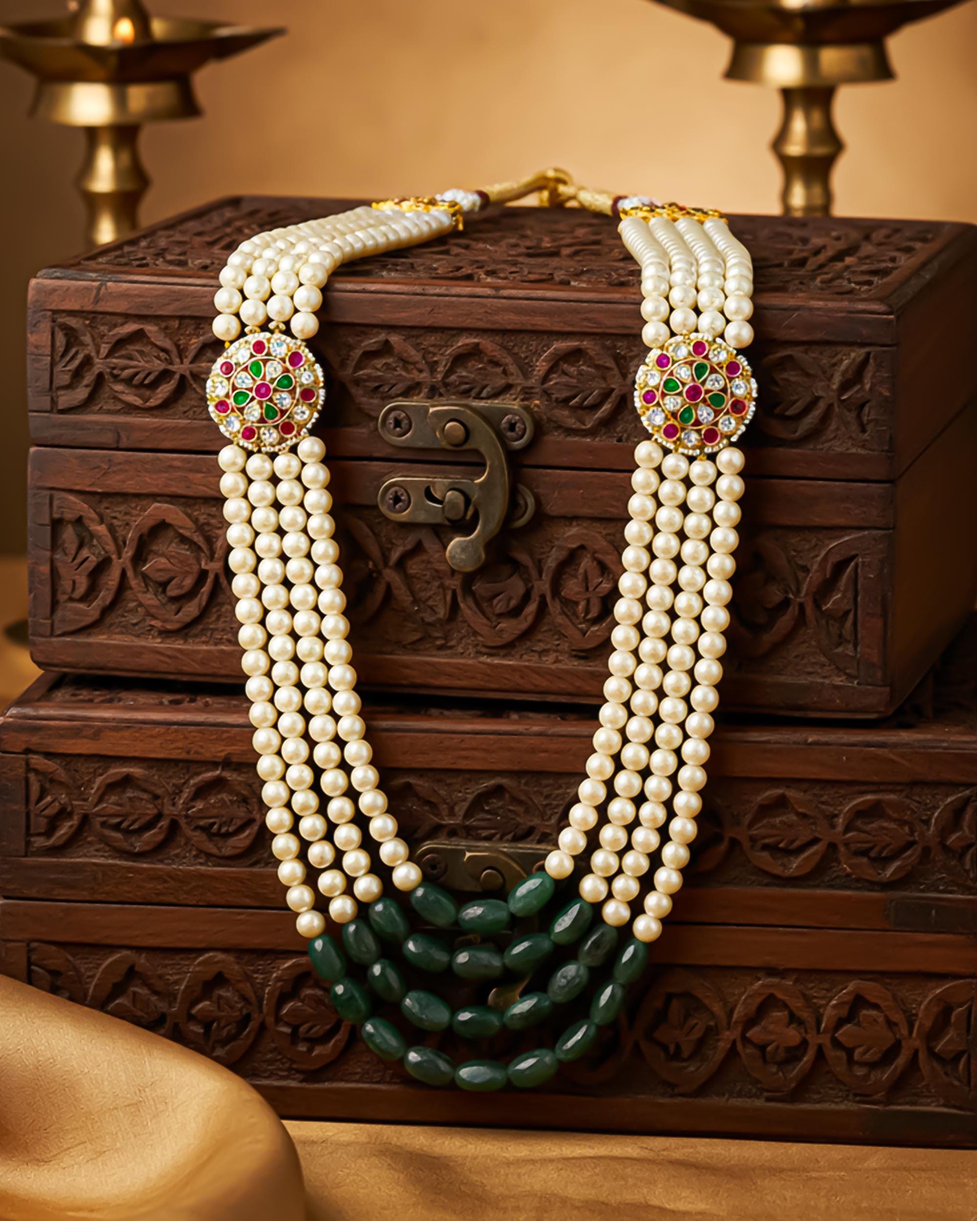 Men's Emerald Ruby Pearl Choker | Royal Jaipur Groom Necklace