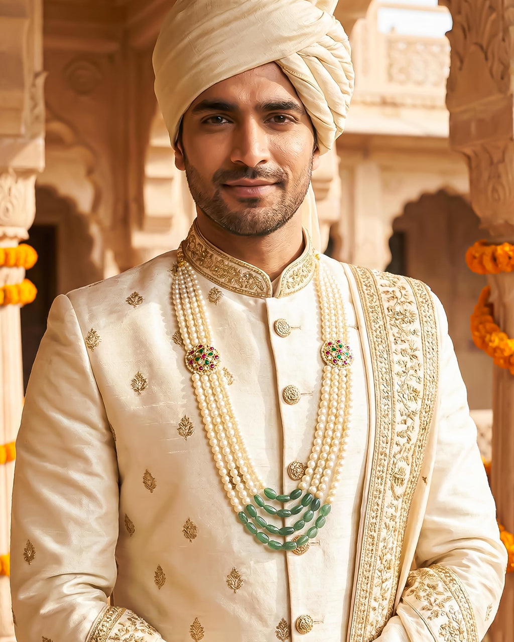 Men's Emerald Ruby Pearl Choker | Royal Jaipur Groom Necklace