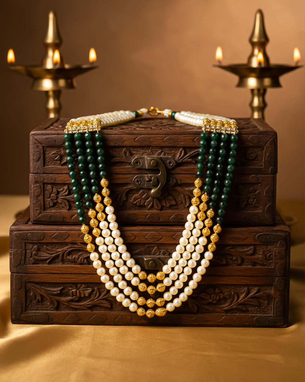 Royal Groom Sherwani Mala | Multi-Strand Pearl Emerald Necklace for Men