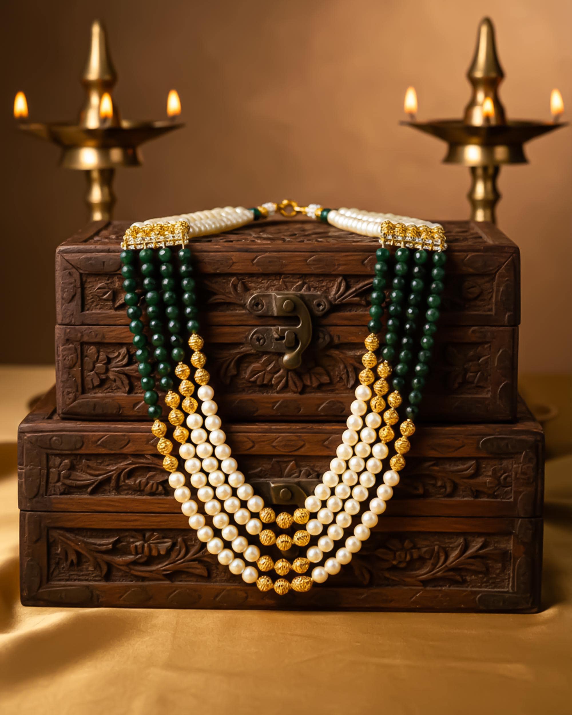 Royal Groom Sherwani Mala | Multi-Strand Pearl Emerald Necklace for Men