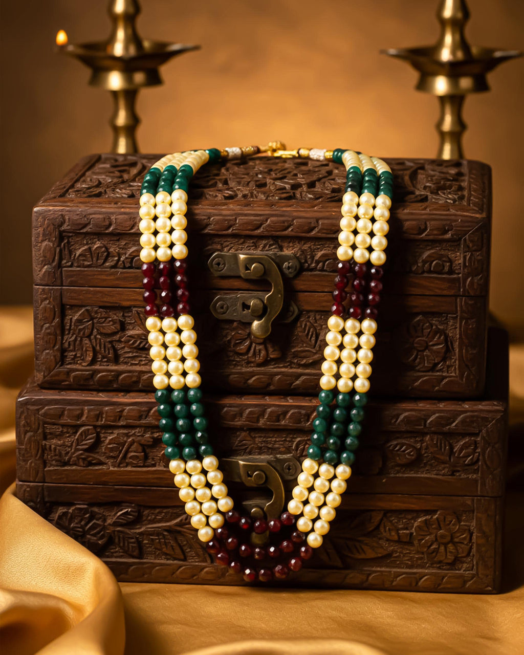 Layered Pearl, Maroon, Emerald Groom Mala | Indian Wedding Necklace for Men