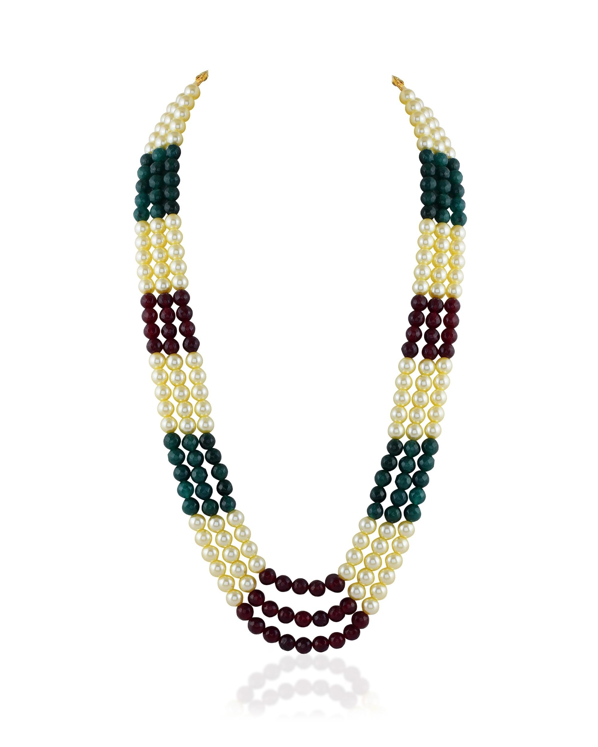 Layered Pearl, Maroon, Emerald Groom Mala | Indian Wedding Necklace for Men