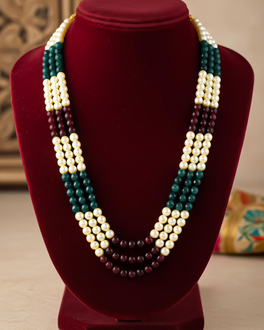 Layered Pearl, Maroon, Emerald Groom Mala | Indian Wedding Necklace for Men
