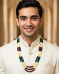 Layered Pearl, Maroon, Emerald Groom Mala | Indian Wedding Necklace for Men