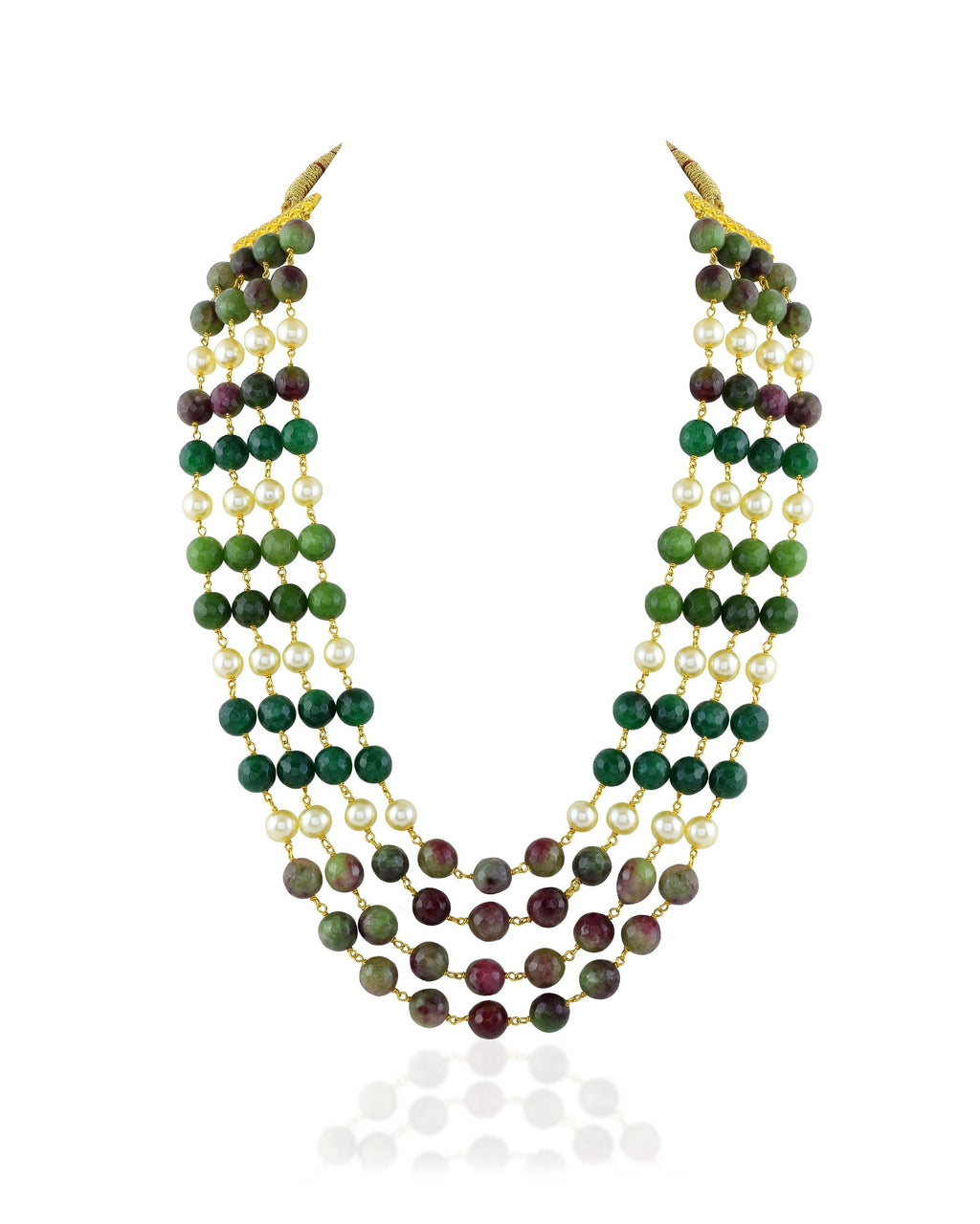 Layered Green Gemstone Pearl Groom Mala Necklace | Royal Jaipur Heritage Jewelry
