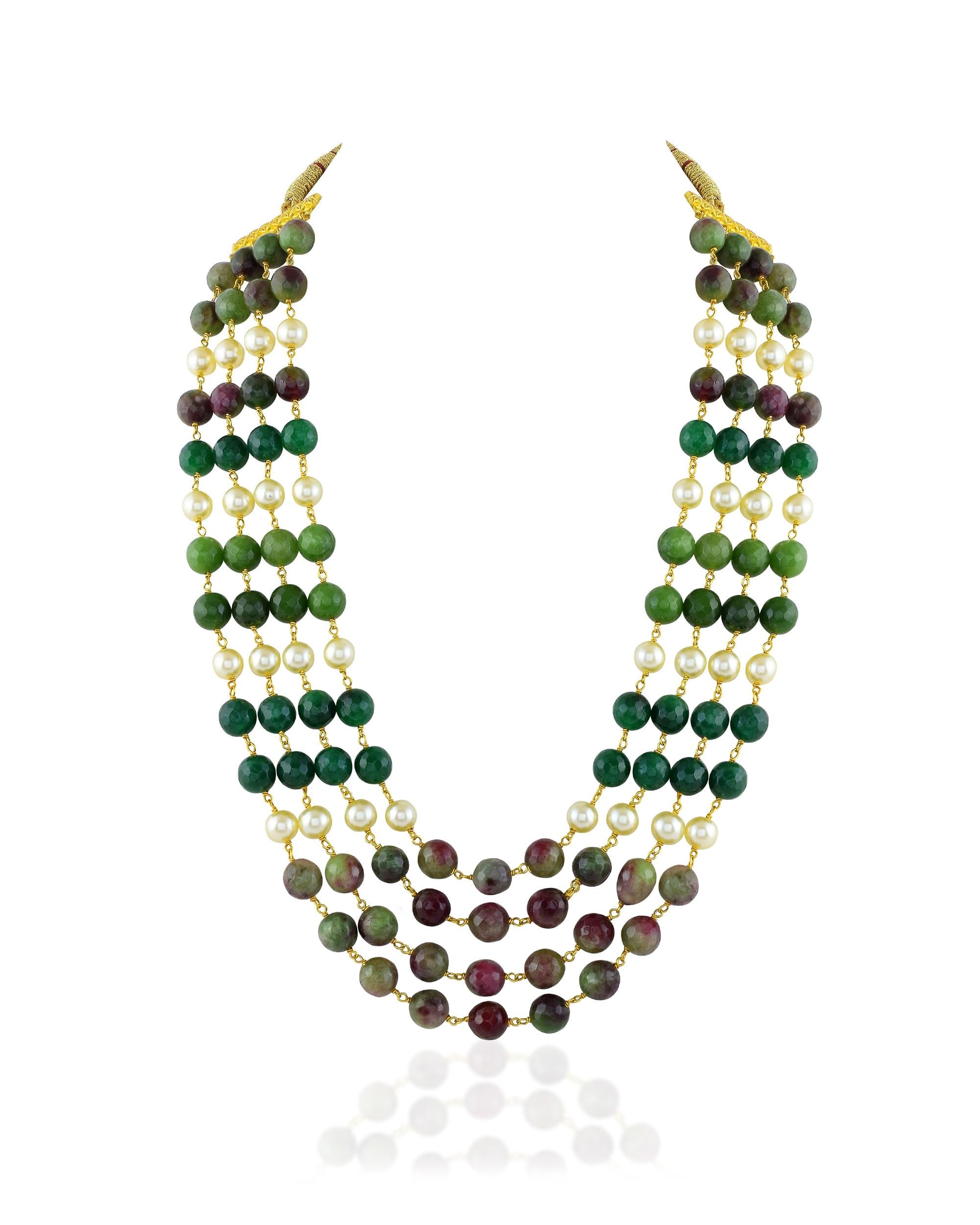 Layered Green Gemstone Pearl Groom Mala Necklace | Royal Jaipur Heritage Jewelry