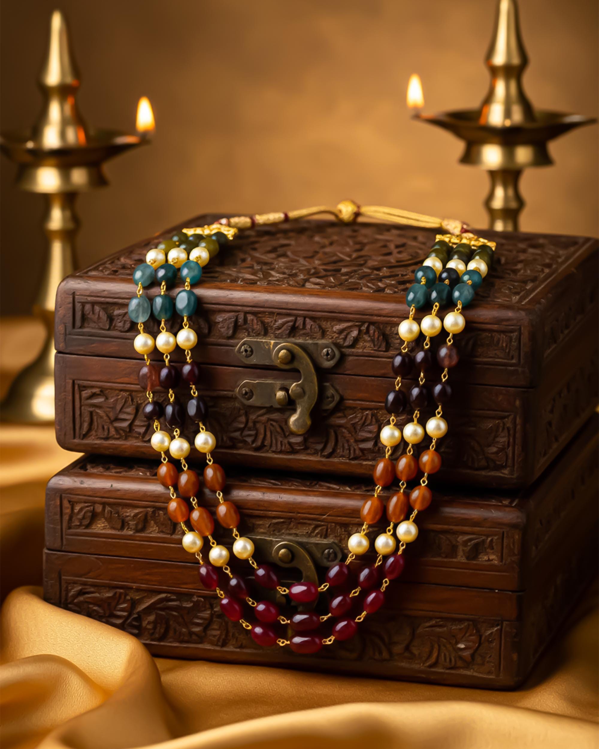 Multi-Color Gemstone Pearl Groom Mala Necklace | Indian Wedding Jewelry for Sherwani