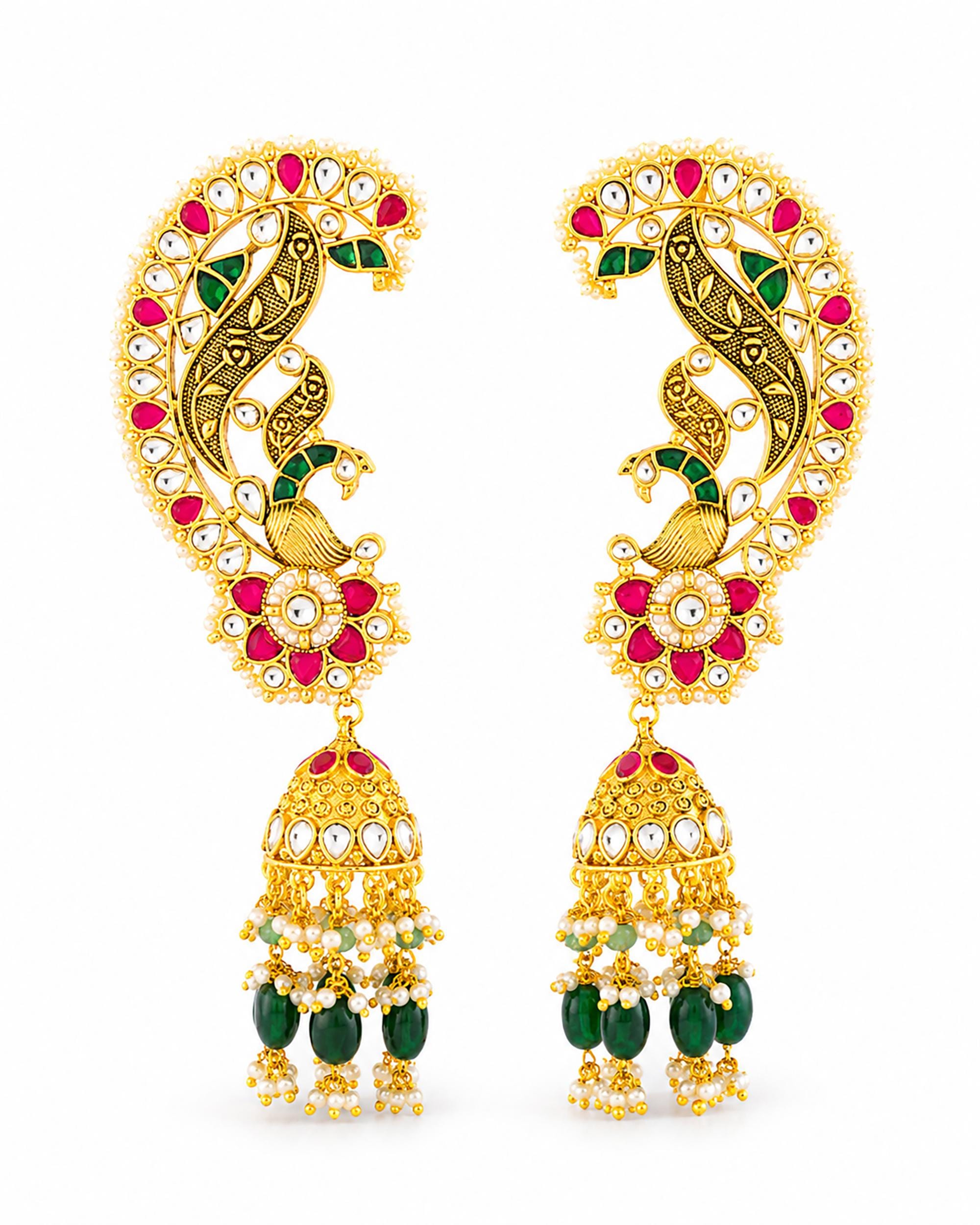 Grand Peacock Ear Cuff with Jhumka Drops | Statement Ethnic Earcuff Earrings | Bridal Kundan Jewelry