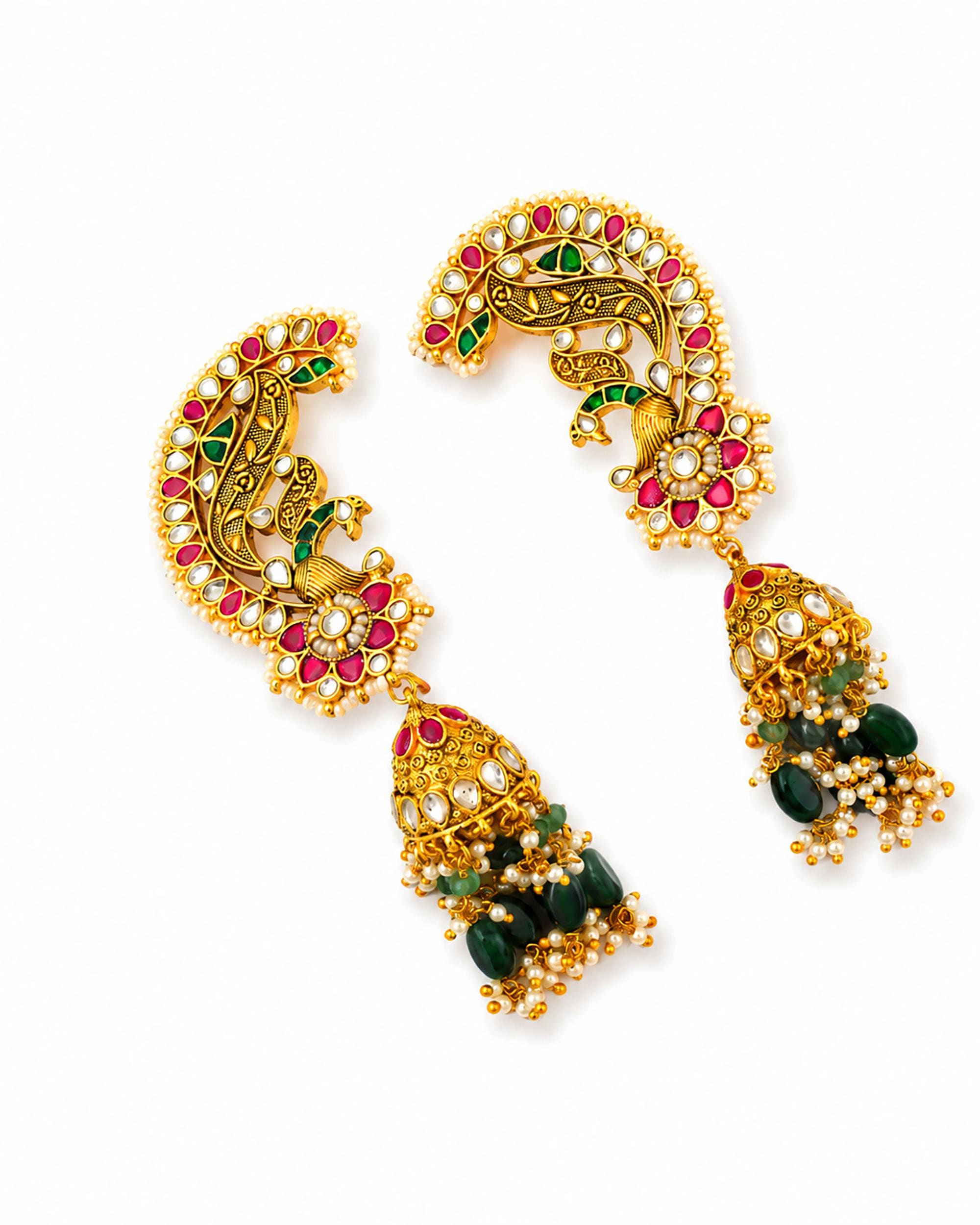 Grand Peacock Ear Cuff with Jhumka Drops | Statement Ethnic Earcuff Earrings | Bridal Kundan Jewelry