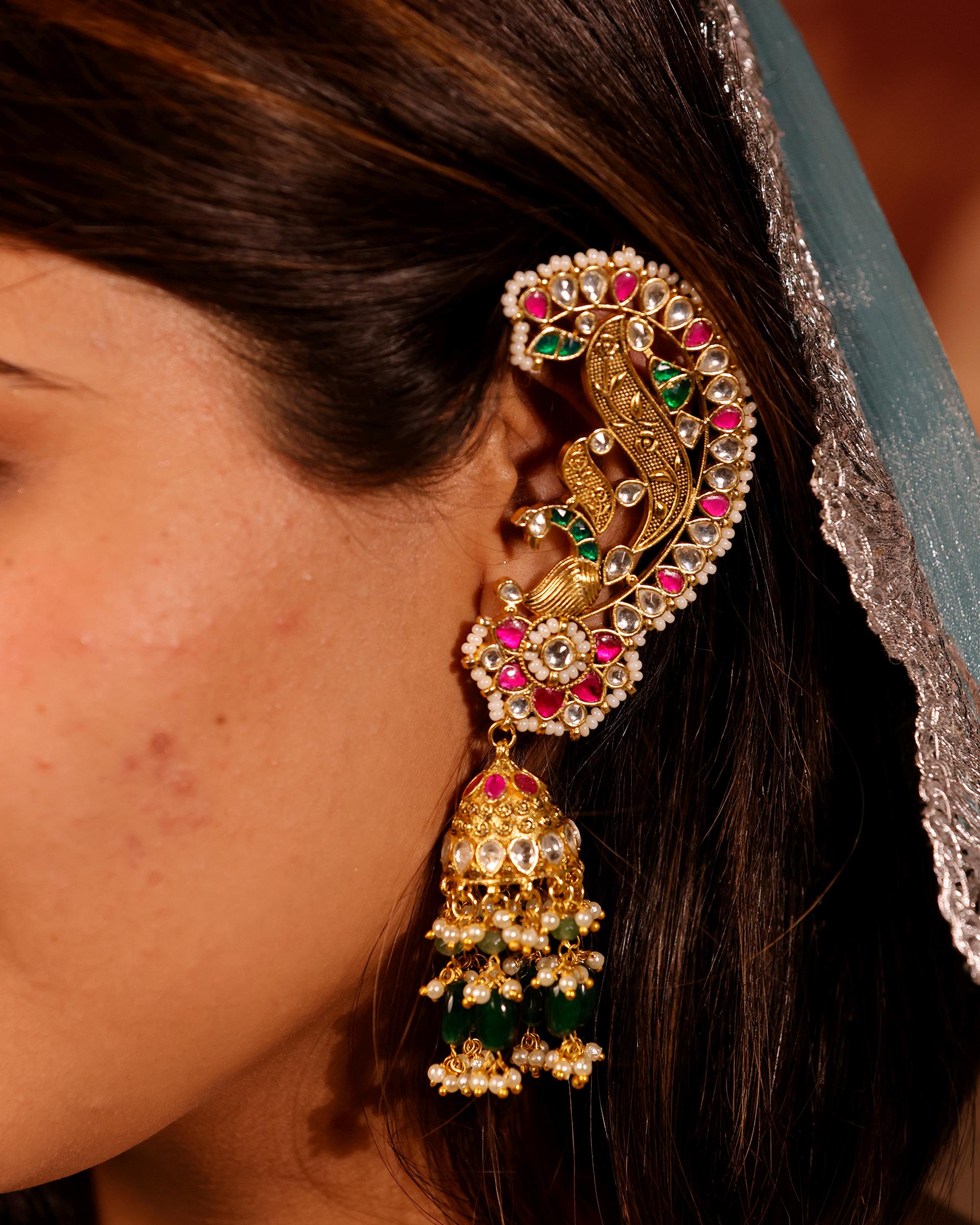Grand Peacock Ear Cuff with Jhumka Drops | Statement Ethnic Earcuff Earrings | Bridal Kundan Jewelry