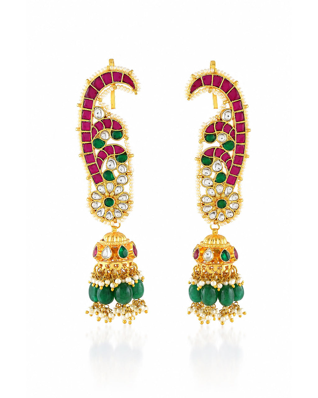 Kundan Paisley Earcuffs with Green Jhumka Drops  Ethnic Indian Statement Jewelry