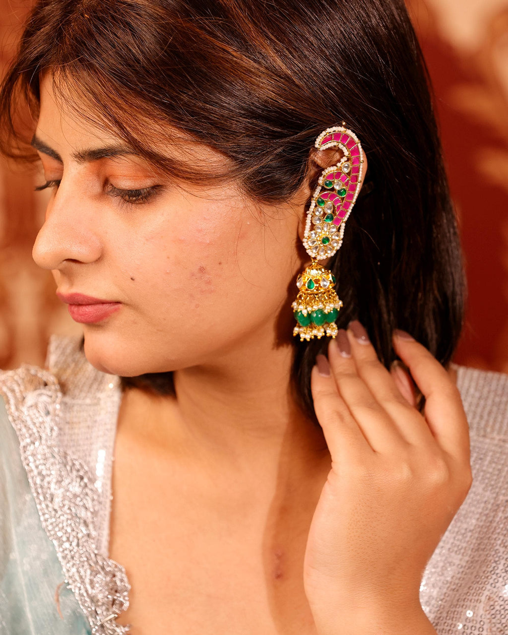 Kundan Paisley Earcuffs with Green Jhumka Drops  Ethnic Indian Statement Jewelry