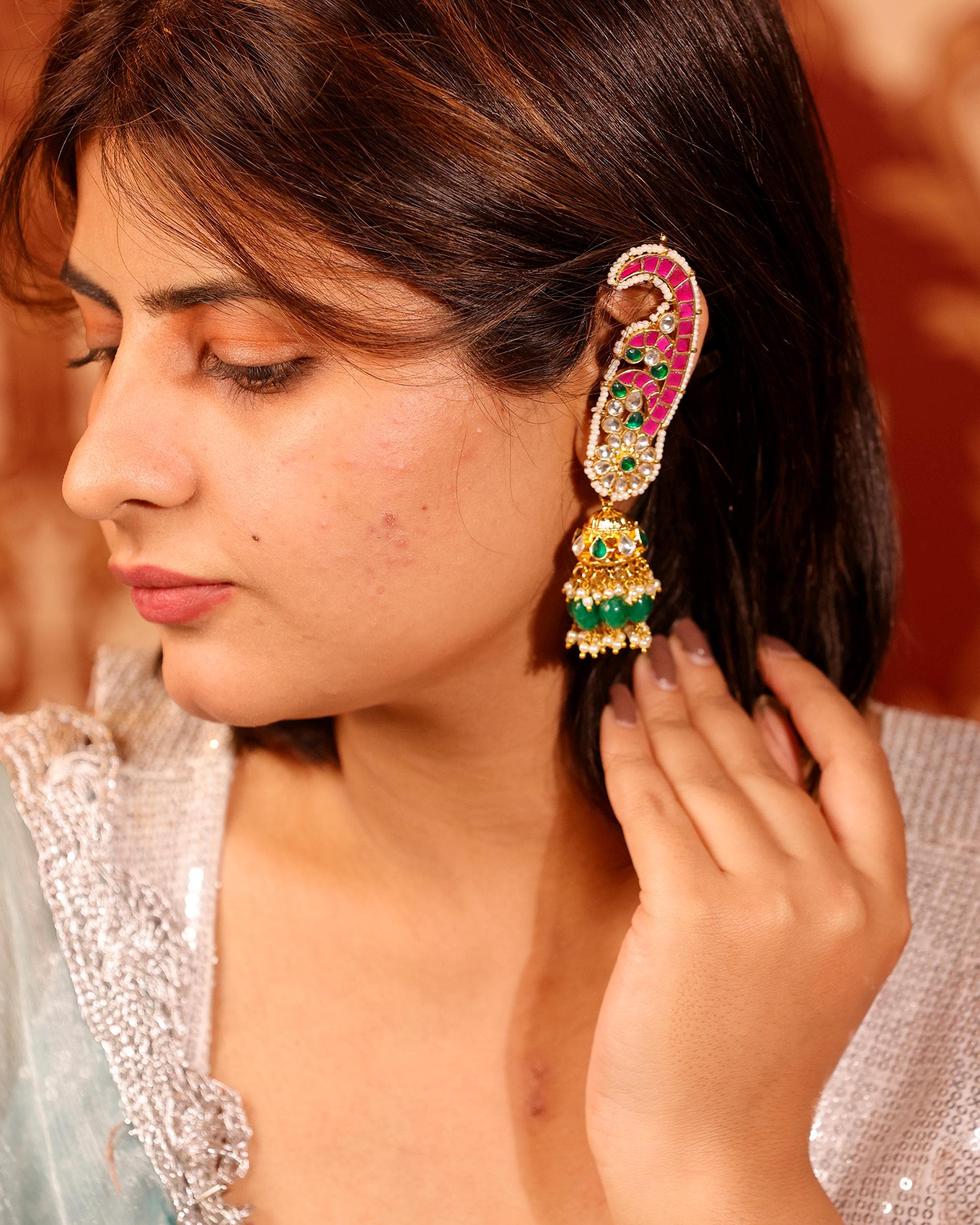 Kundan Paisley Earcuffs with Green Jhumka Drops  Ethnic Indian Statement Jewelry