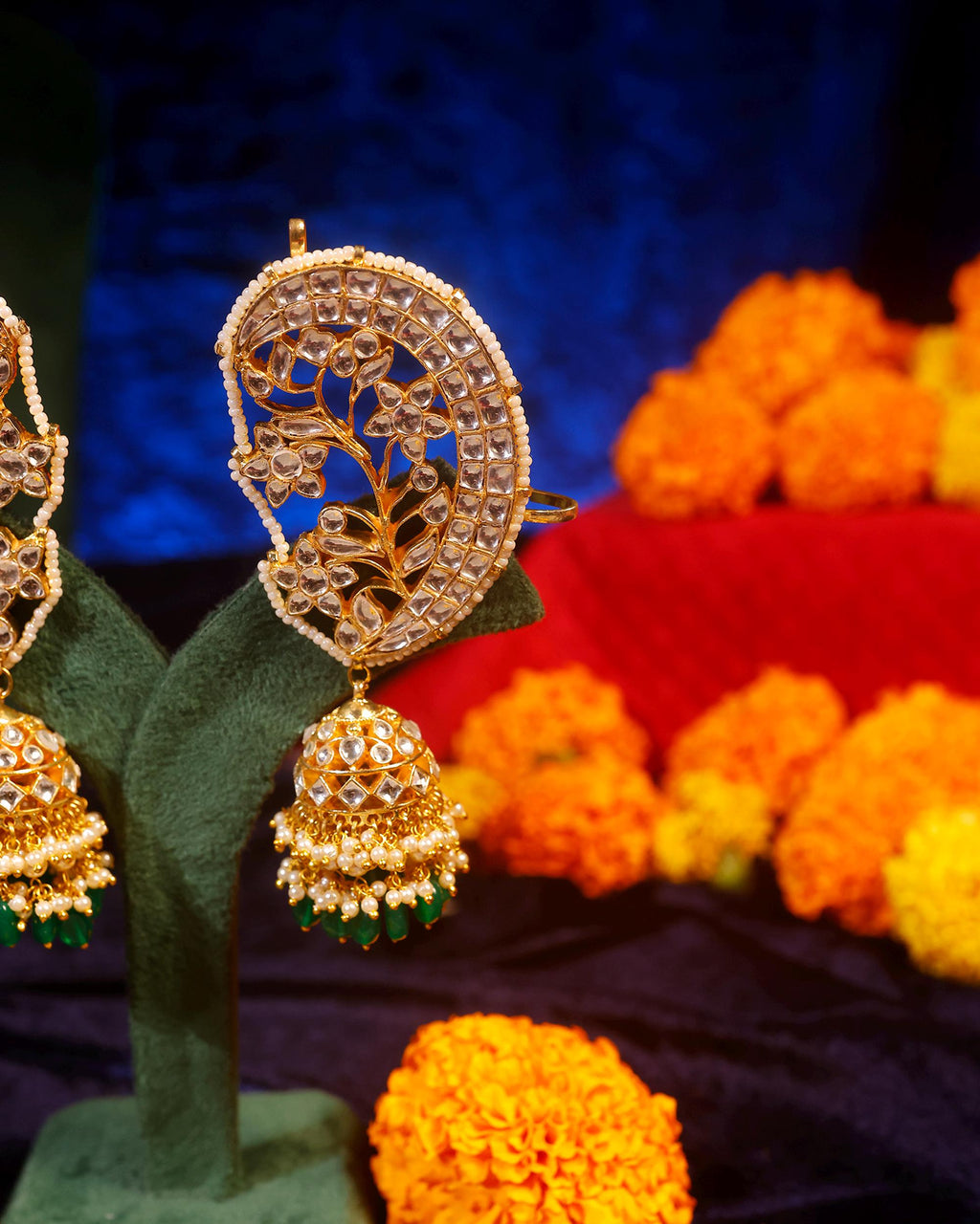 Floral Lattice Kundan Earcuffs, White Stone Emerald Bead Jhumka, Ethnic Statement Jewelry