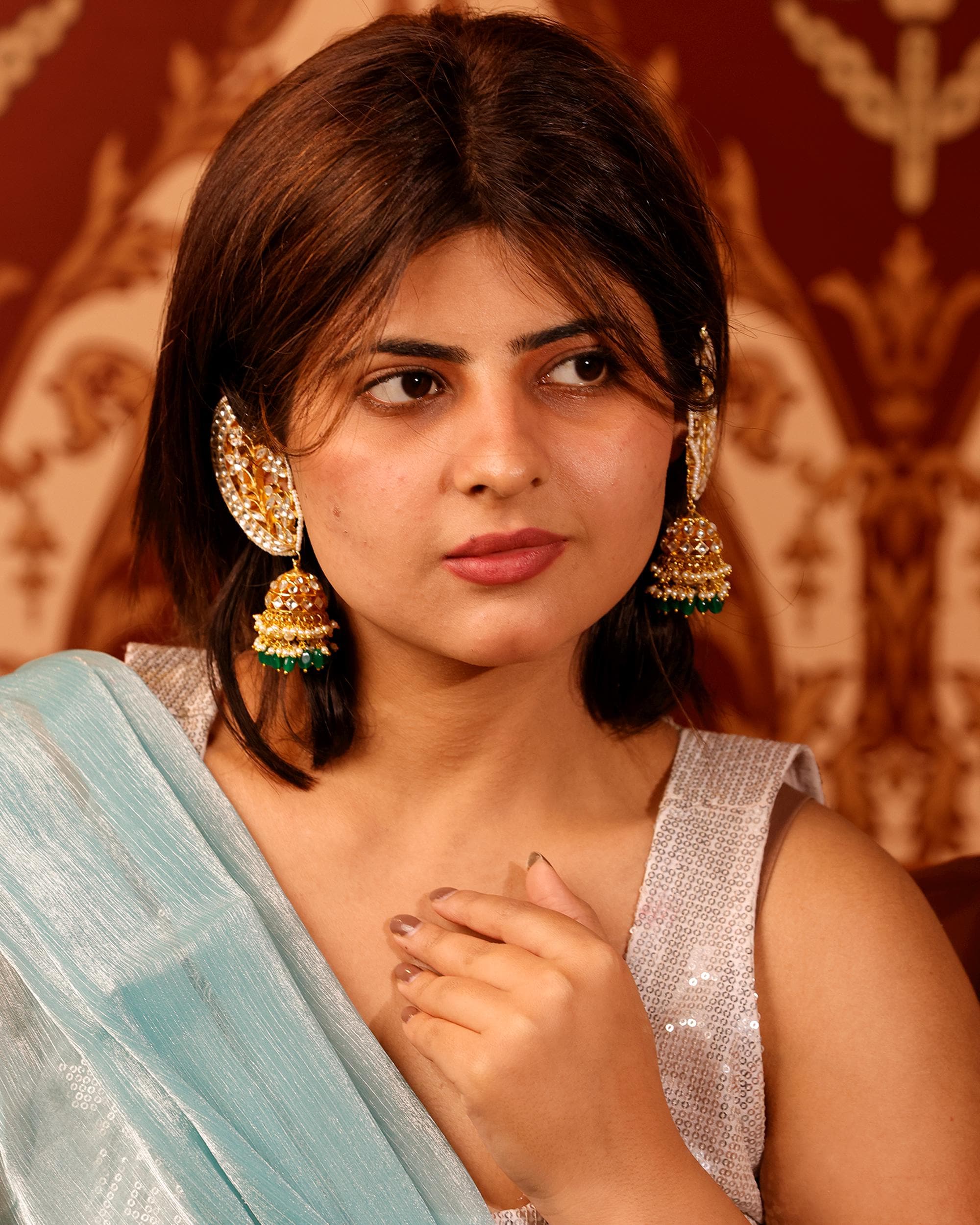 Floral Lattice Kundan Earcuffs, White Stone Emerald Bead Jhumka, Ethnic Statement Jewelry
