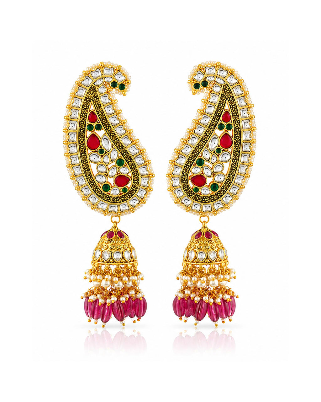 Heavy Kundan Earcuffs, Traditional Paisley Design, Ruby Emerald Indian Earrings