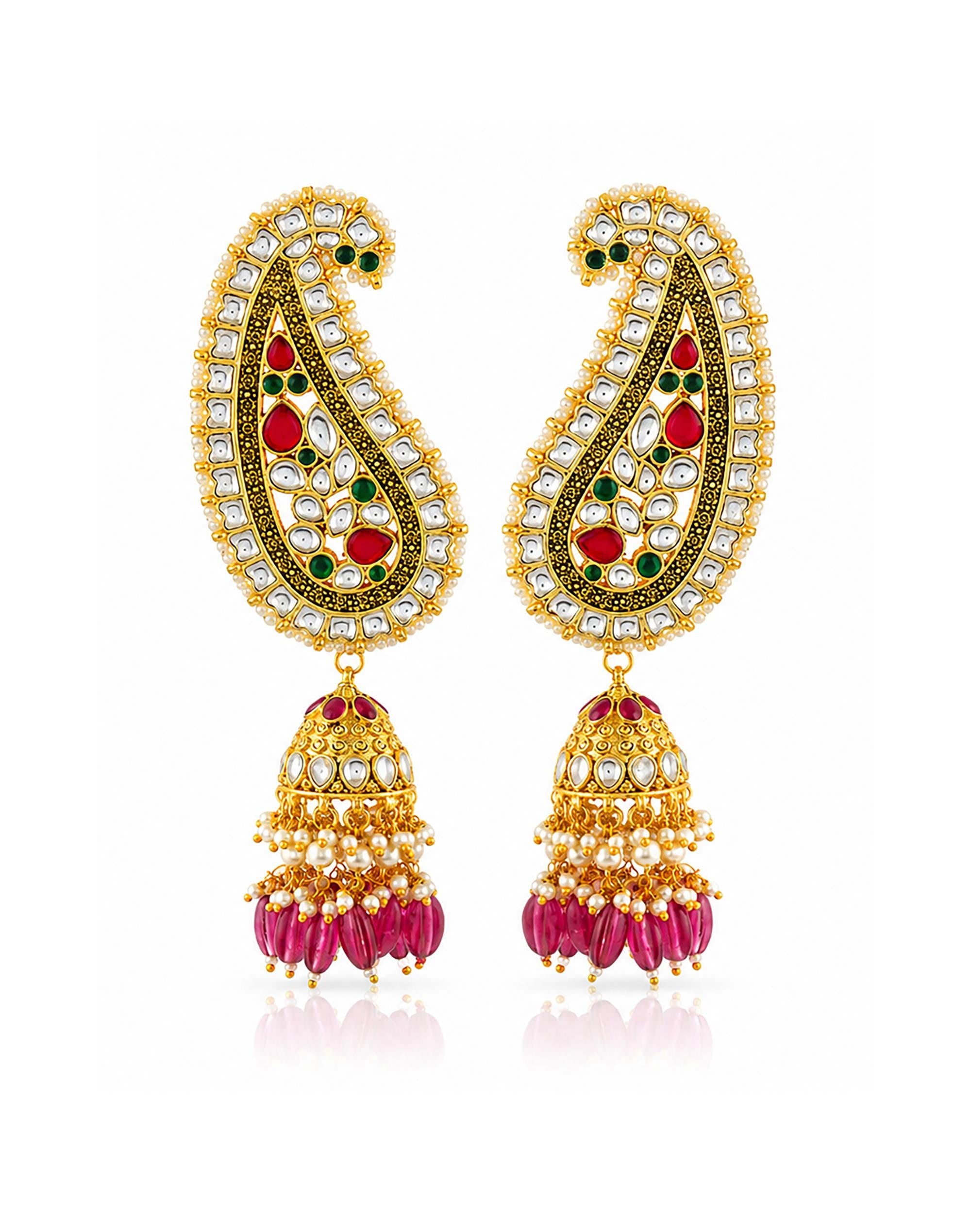 Heavy Kundan Earcuffs, Traditional Paisley Design, Ruby Emerald Indian Earrings