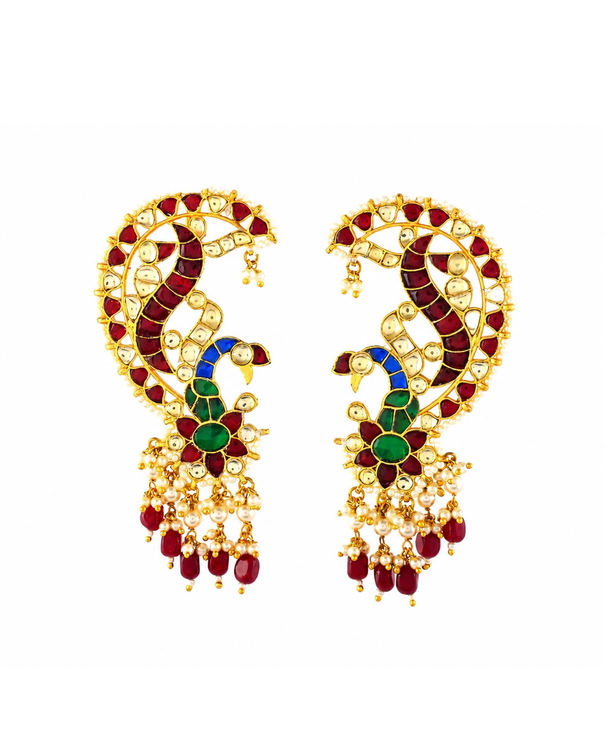 Peacock Kundan Earcuffs, Traditional Indian Wedding Jewelry, Multi-Color Ruby Bead Drops